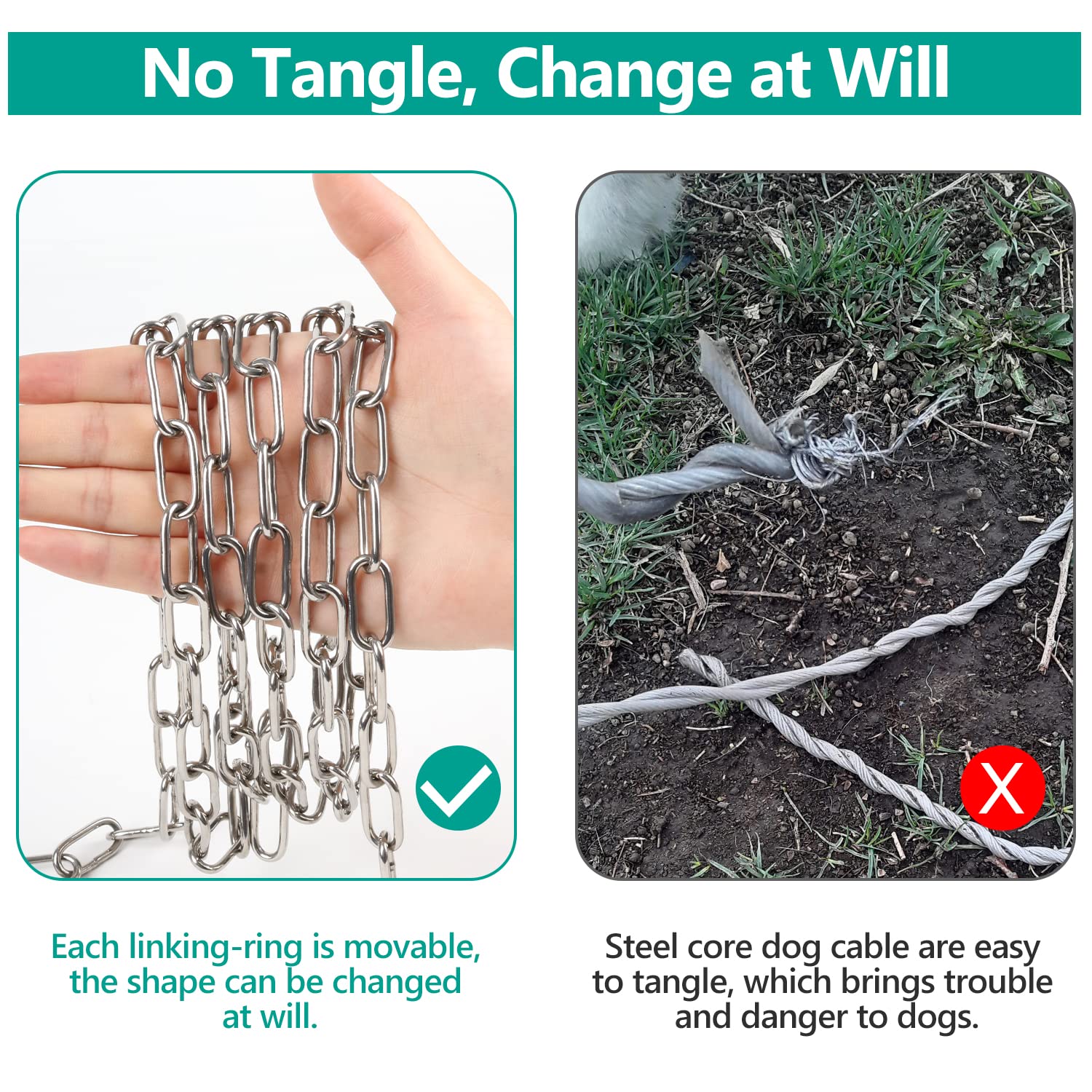 Tresbro Heavy Duty Dog Chains For Outside, 15Ft Stainless Steel Tie Out Cable With Swivel Hook For Small Medium Dogs, Metal Chew