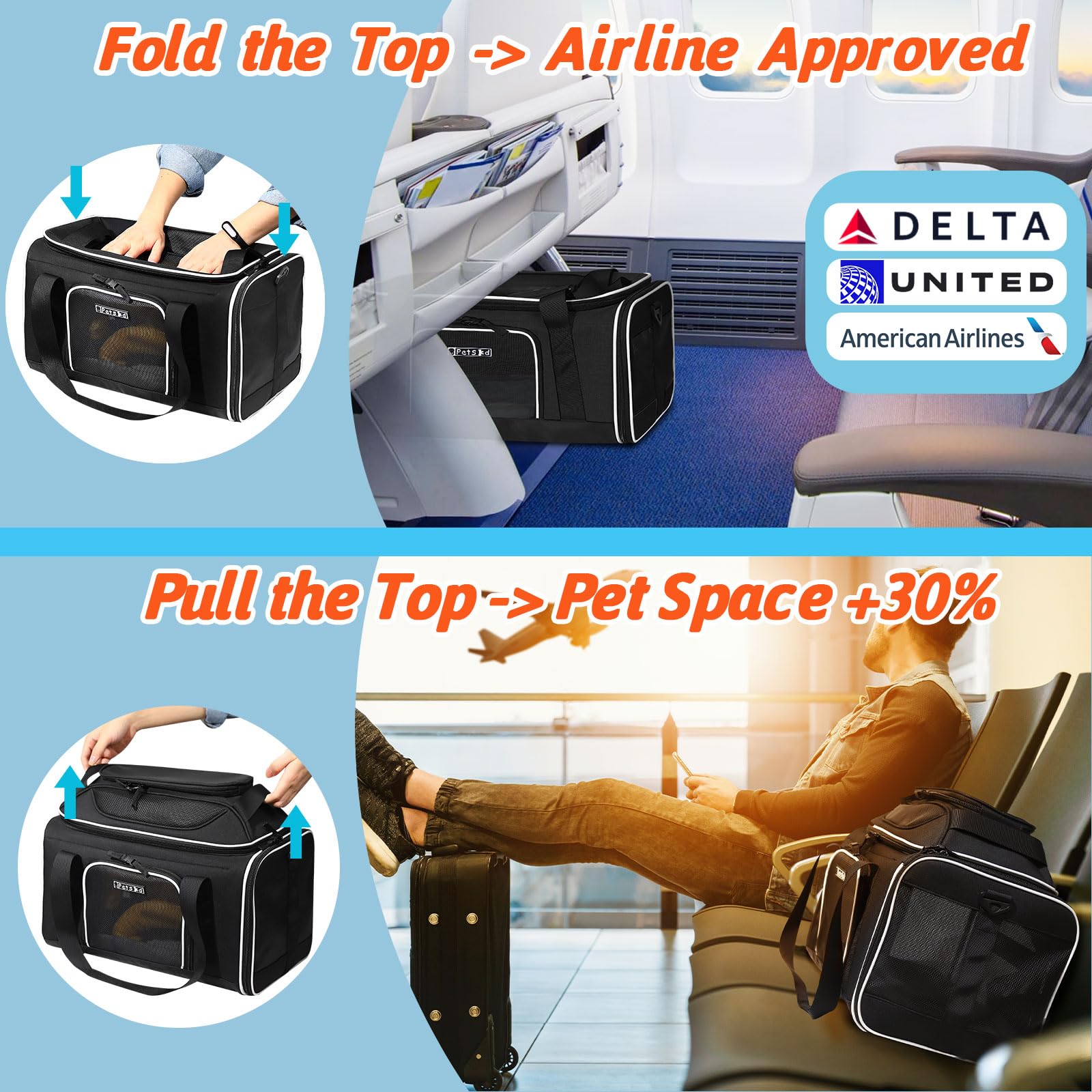 Petskd Top-Expandable Pet Carrier 18X11X11 Inches Delta American United Airline Approved, Soft-Sided Carrier For Small Cats And Dogs With Locking Safety Zippers And Anti-Scratch Mesh(Black)