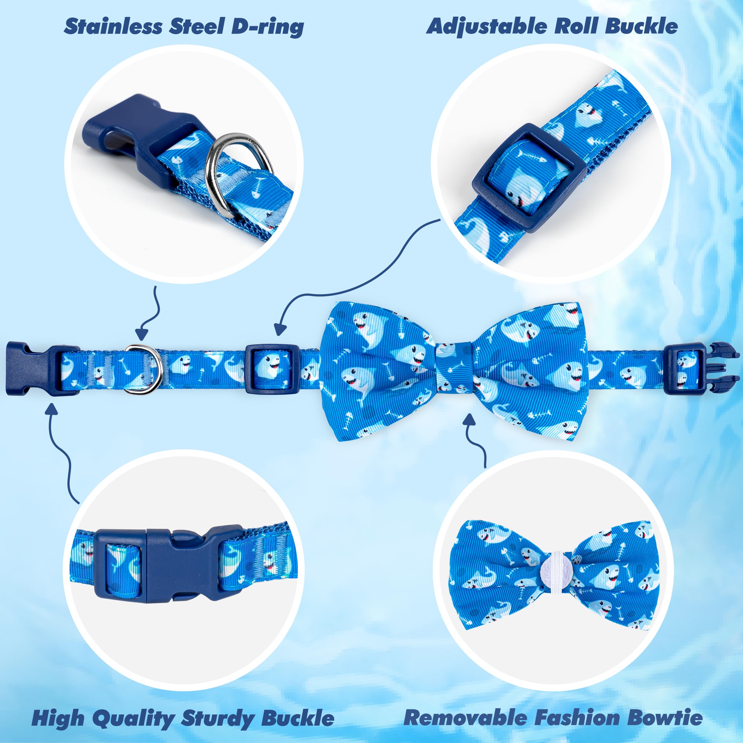 Azuza Dog Collar With Bow Tie, Soft And Comfortable Adjustable Bowtie Dog Collar For Small Dogs (S, Shark)