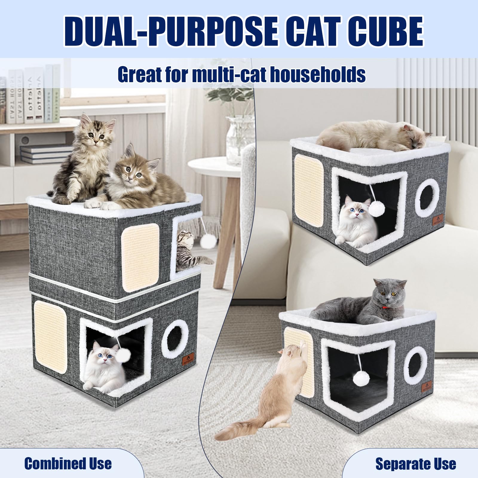 2-Story Cat House For Indoor Cats, Dual-Purpose Cave Bed With Scratch Pad And Fluffy Ball, Foldable Cat Hideaway, Cute Condo Fur