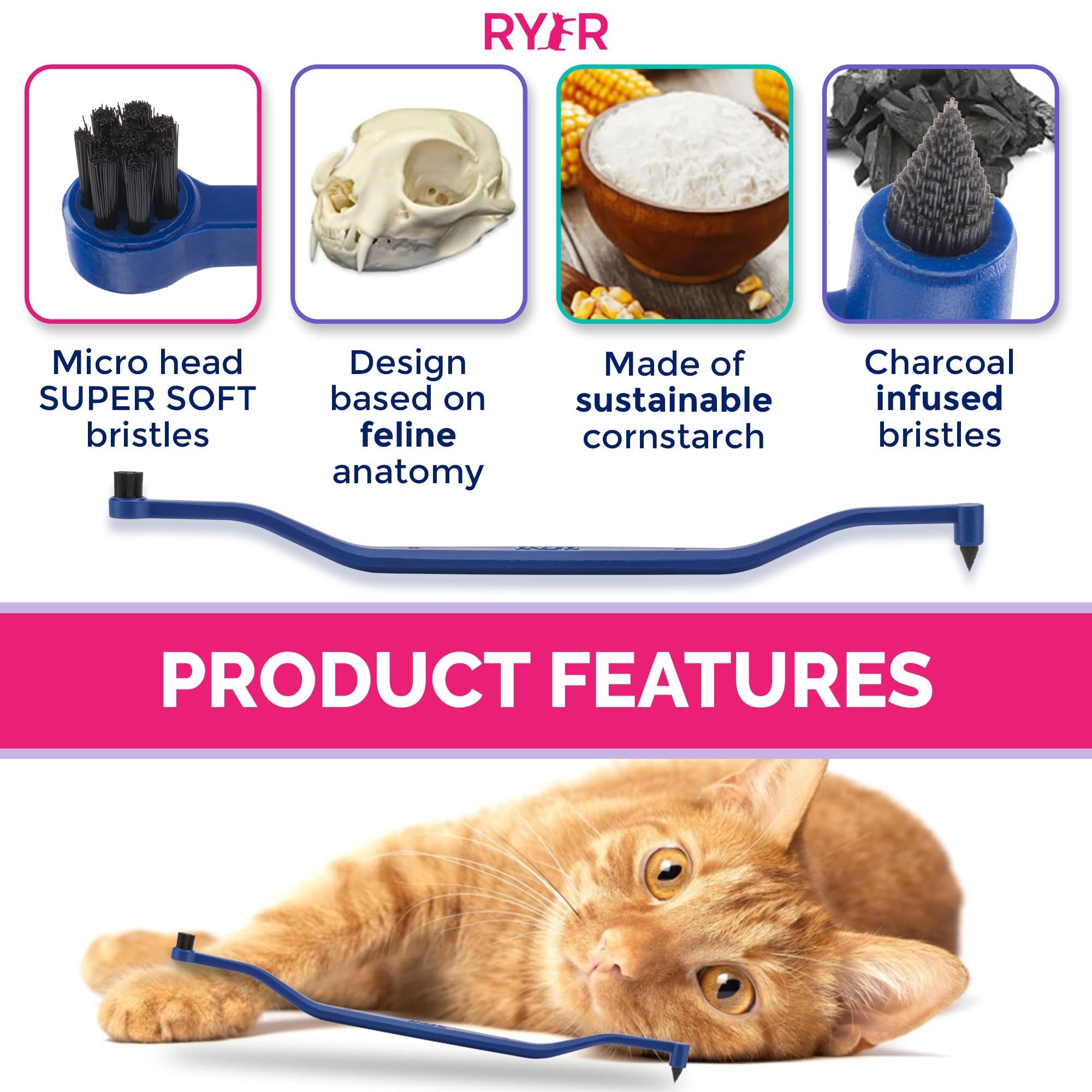 RYERCAT Dual Sided Cat Toothbrush for Kittens - Micro Head, Space Blue, 1 Count