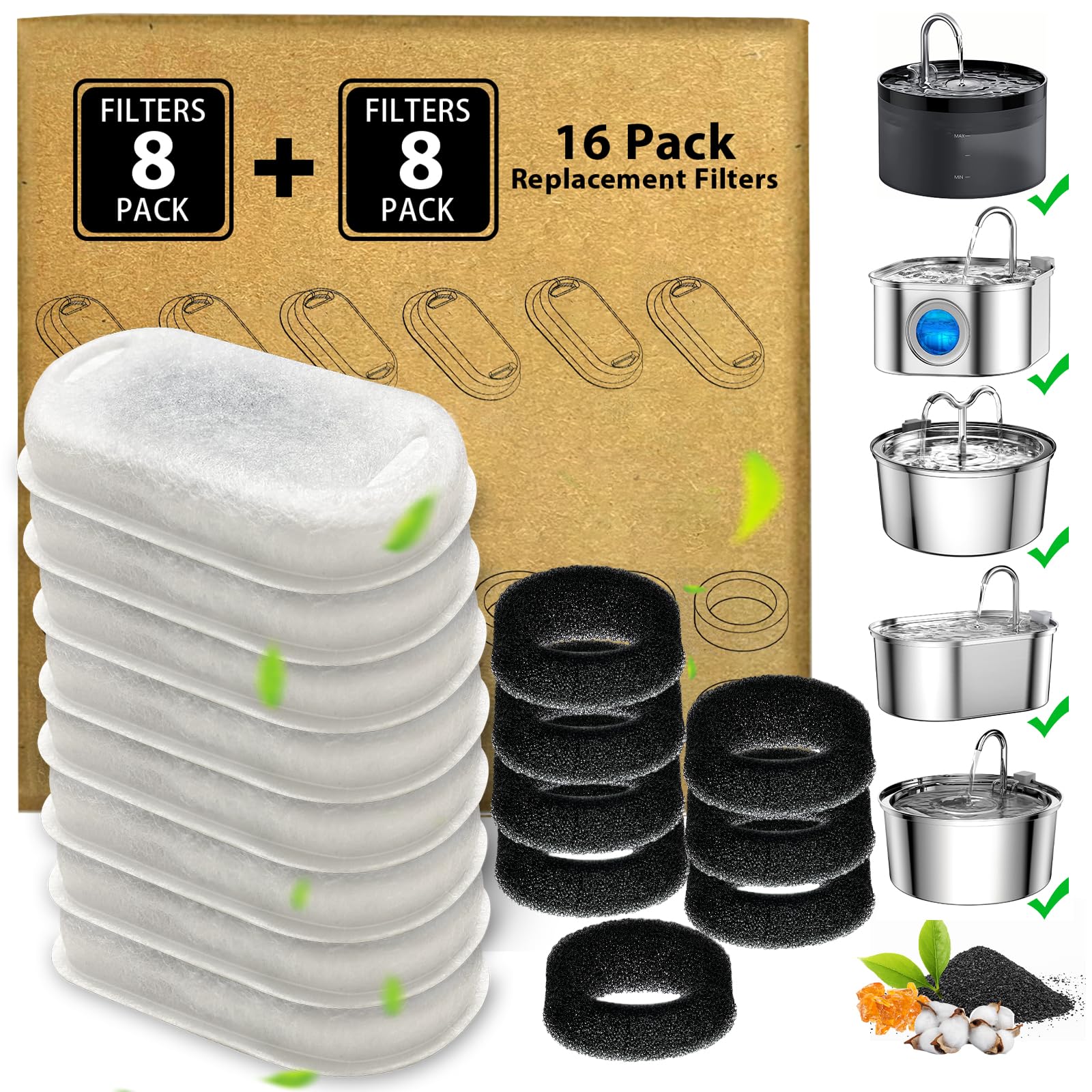 Cat Water Fountain Filter - 16 Pack Cat Fountain Filter For 3.2L/108Oz & 2L/67Oz Pet Water Fountain, Three-Layer Filtration Repl