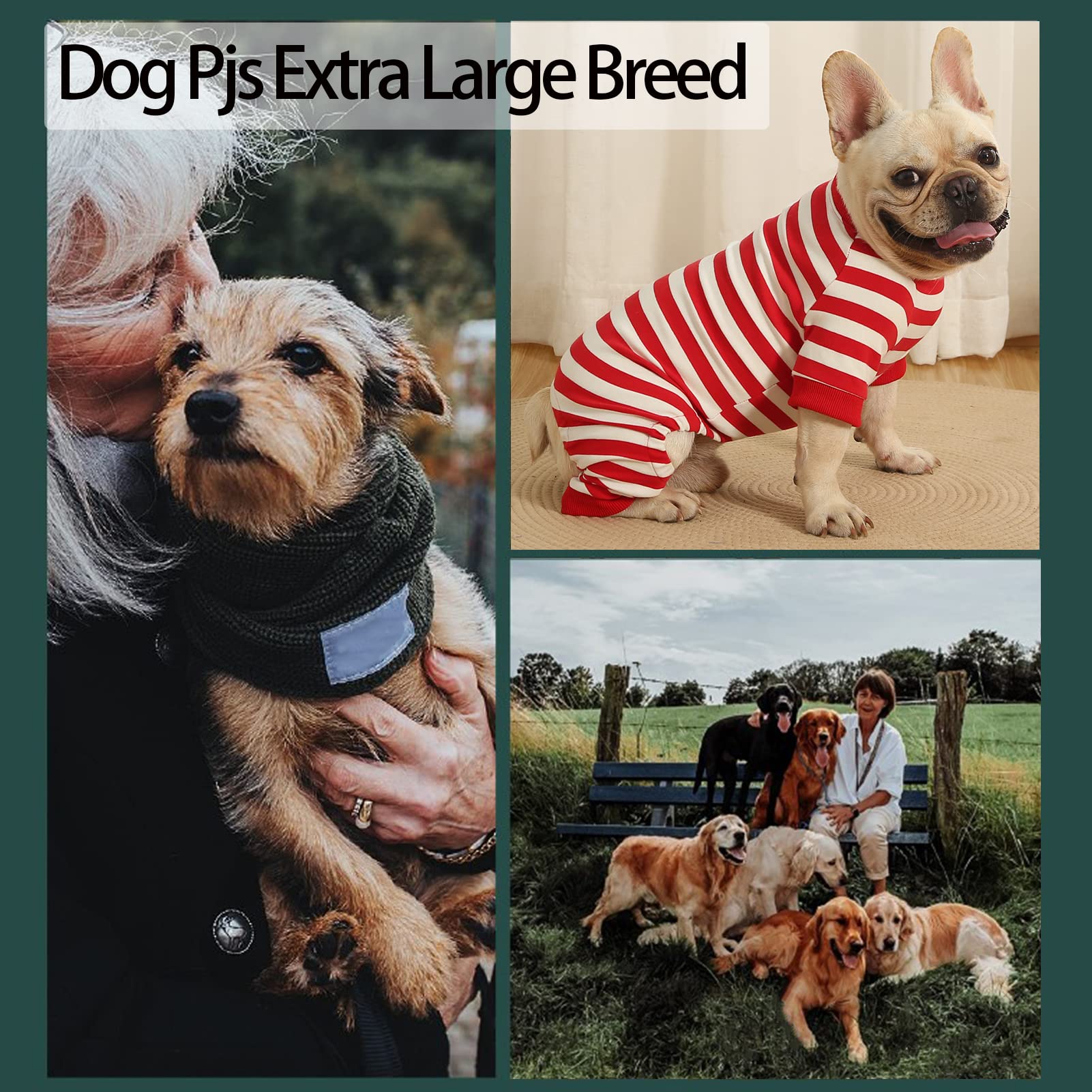 Caslfuca Dog Pajamas For Large Dogs, Cotton Thermal Dog Pjs Jumpsuit With Cover Legs Christmas Puppy Clothes, Striped Onesie Dog Suit For Small Medium Large Dogs (Large, Redwhite)