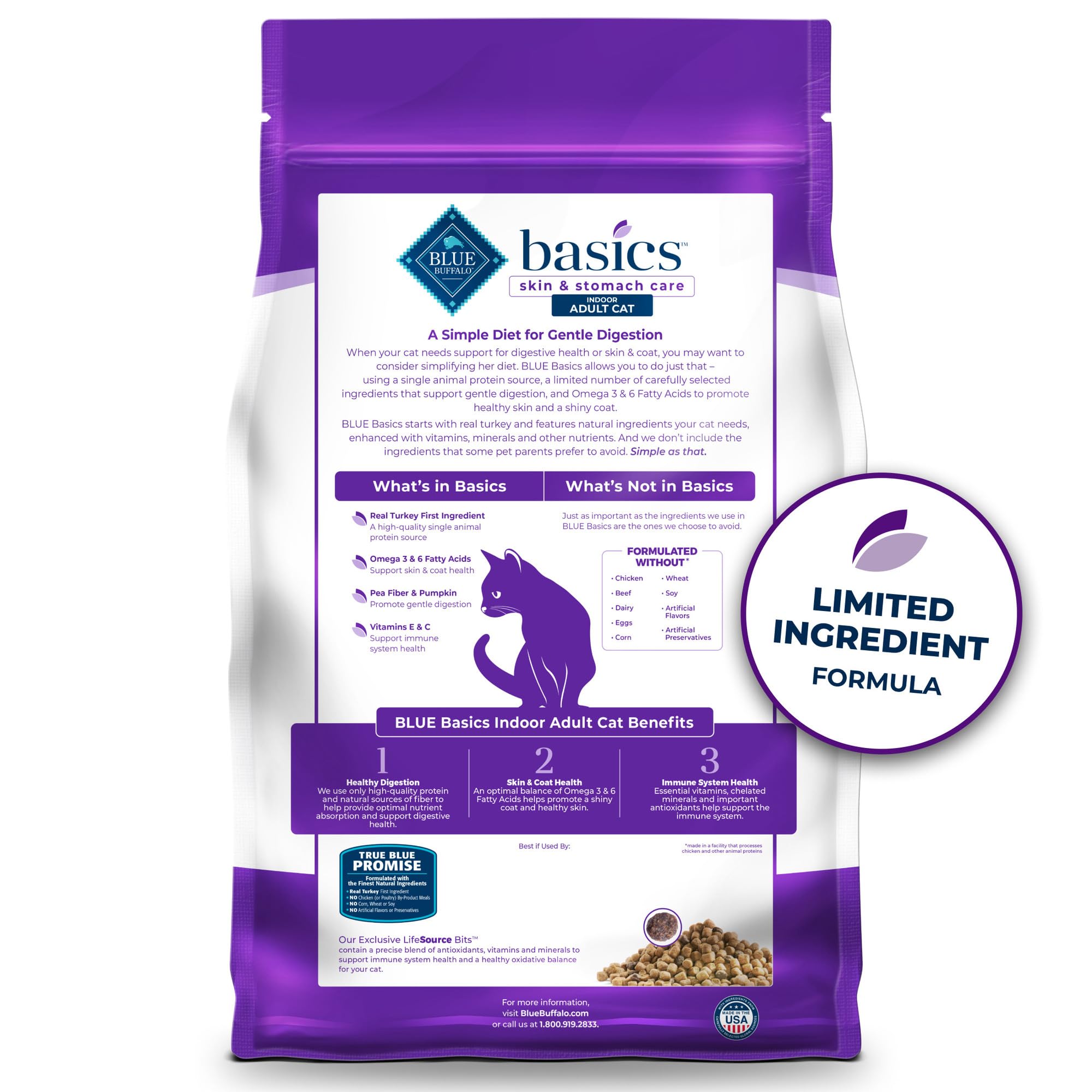 Blue Buffalo Basics Grain-Free Dry Cat Food, Skin & Stomach Care, Limited Ingredient Diet for Indoor Cats, Turkey & Potato Recip