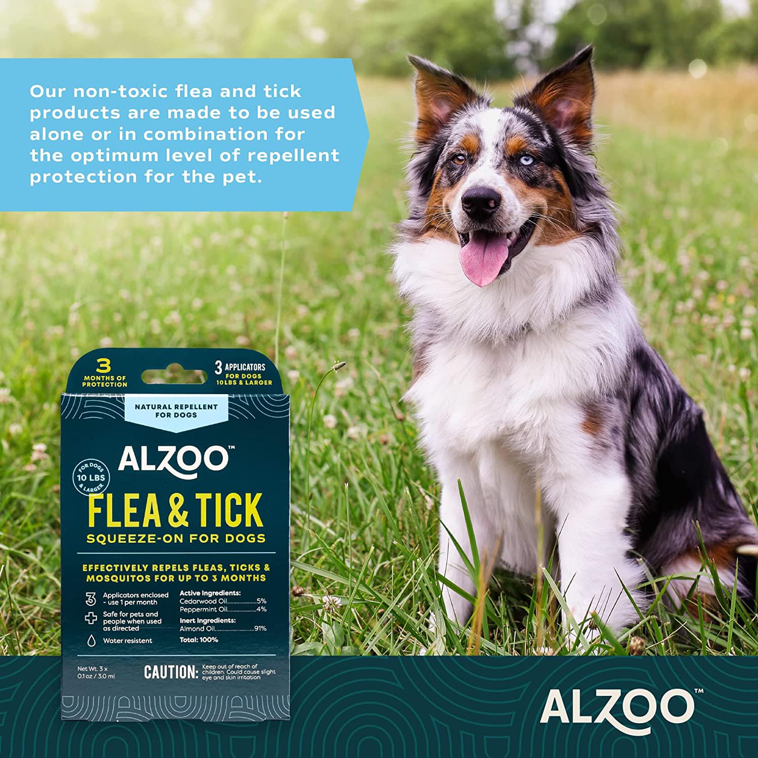 ALZOO Flea & Tick Squeeze-On for Dogs, Helps Repel Fleas, Ticks & Mosquitos, Up to 3-Months Protection, 100% Plant-Based Active
