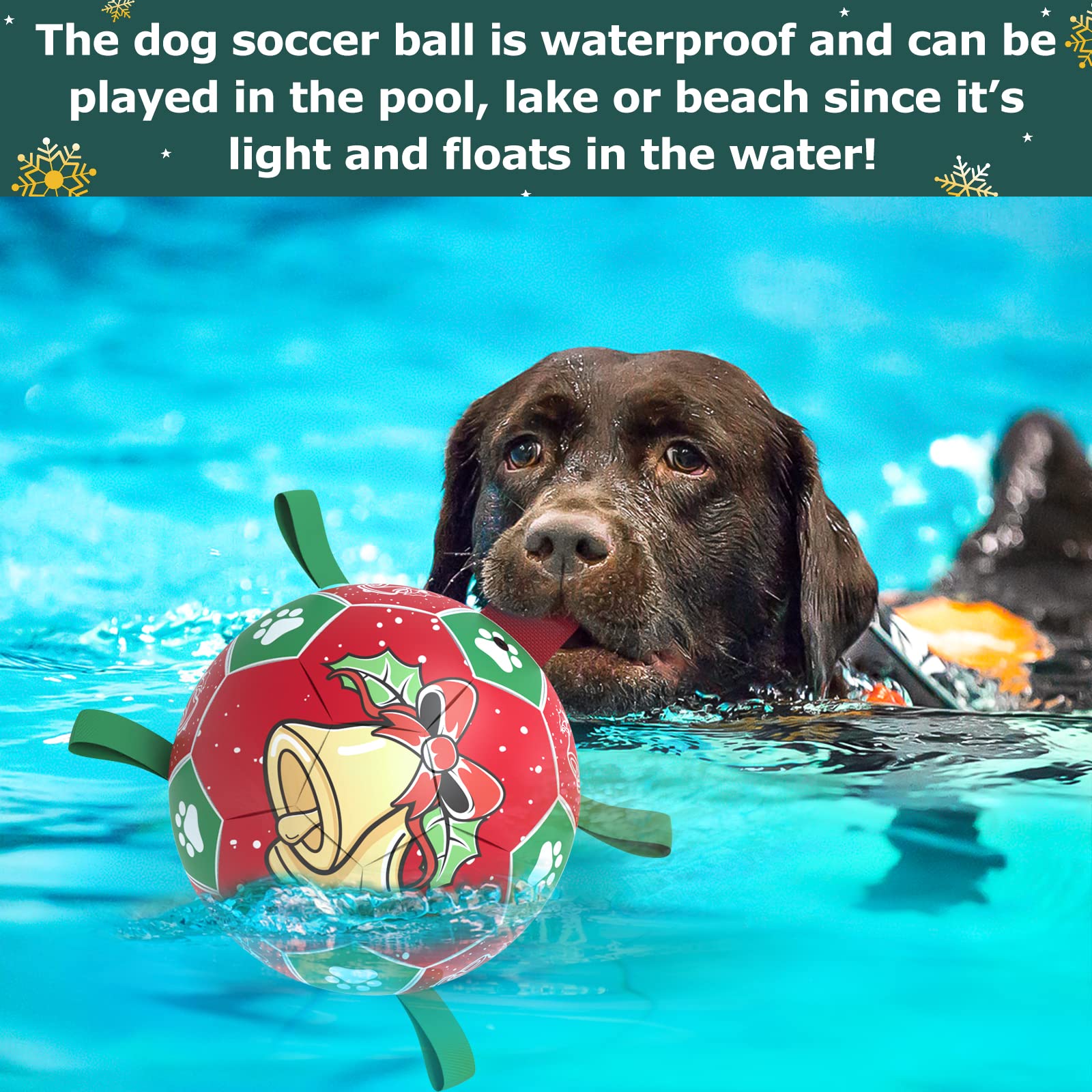 QDAN Christmas Dog Soccer Balls with Straps, Interactive Dog Toys for Tug of War, Puppy Birthday Gifts, Dog Tug Toy, Dog Water T