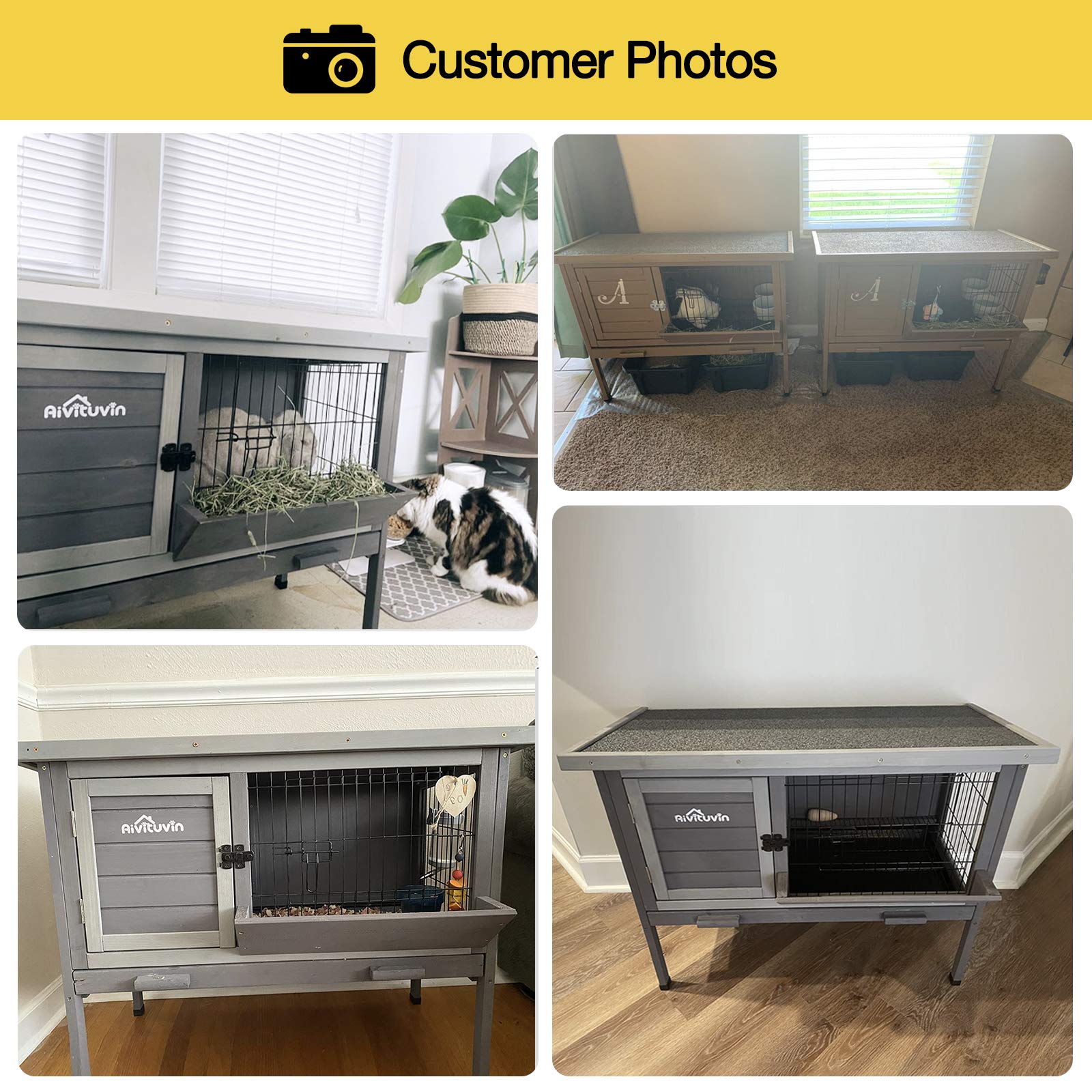 Aivituvin Outdoor Rabbit Hutch, Wooden Bunny Cages Indoor With Deeper Leakproof Tray - Upgrade With Metal Wire Pan