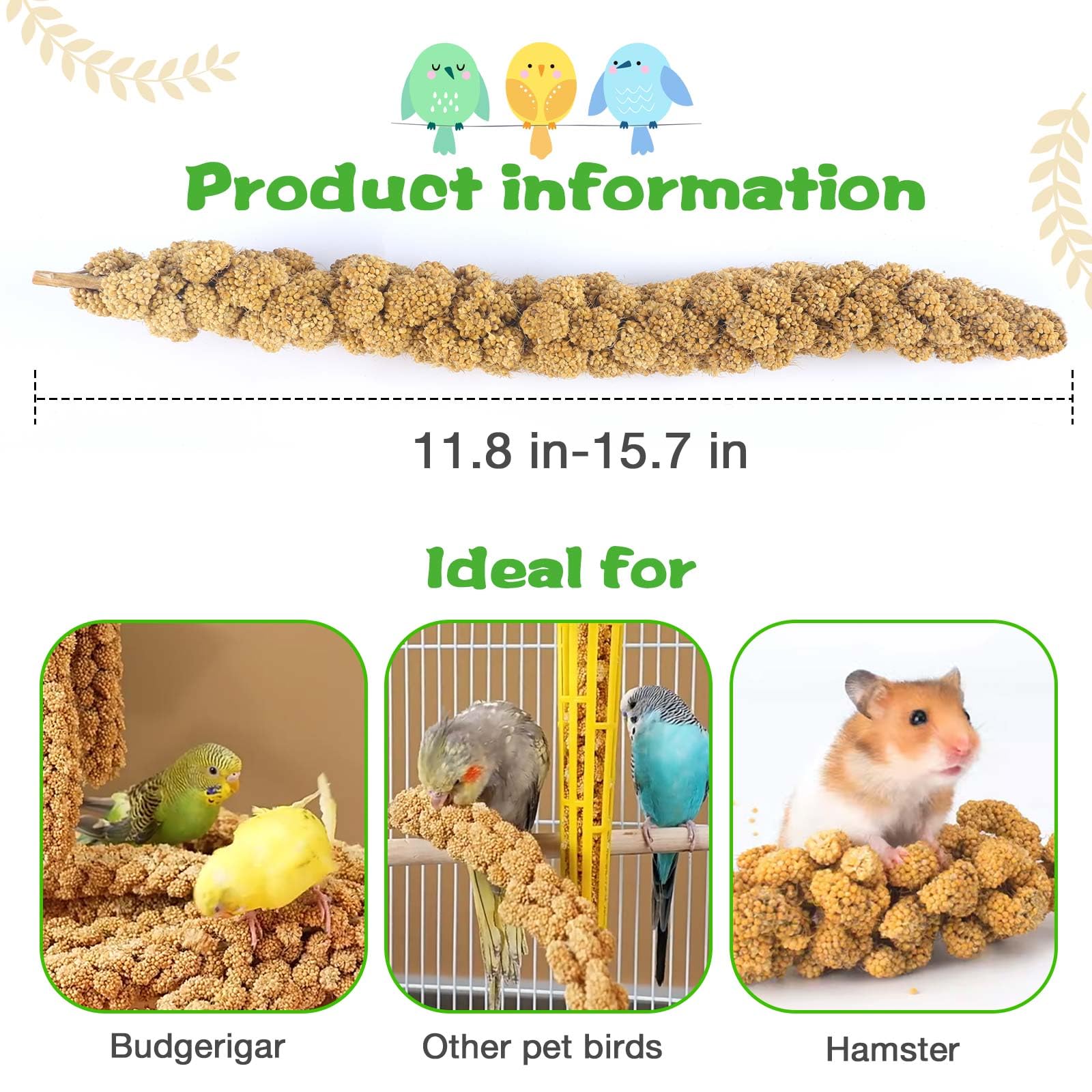 Millet for Birds 2.4LB, Natural Sun-Dried Millet Spray for Birds Seed No Stems Only Edible Tops for Parakeet, Budgies, Finches,