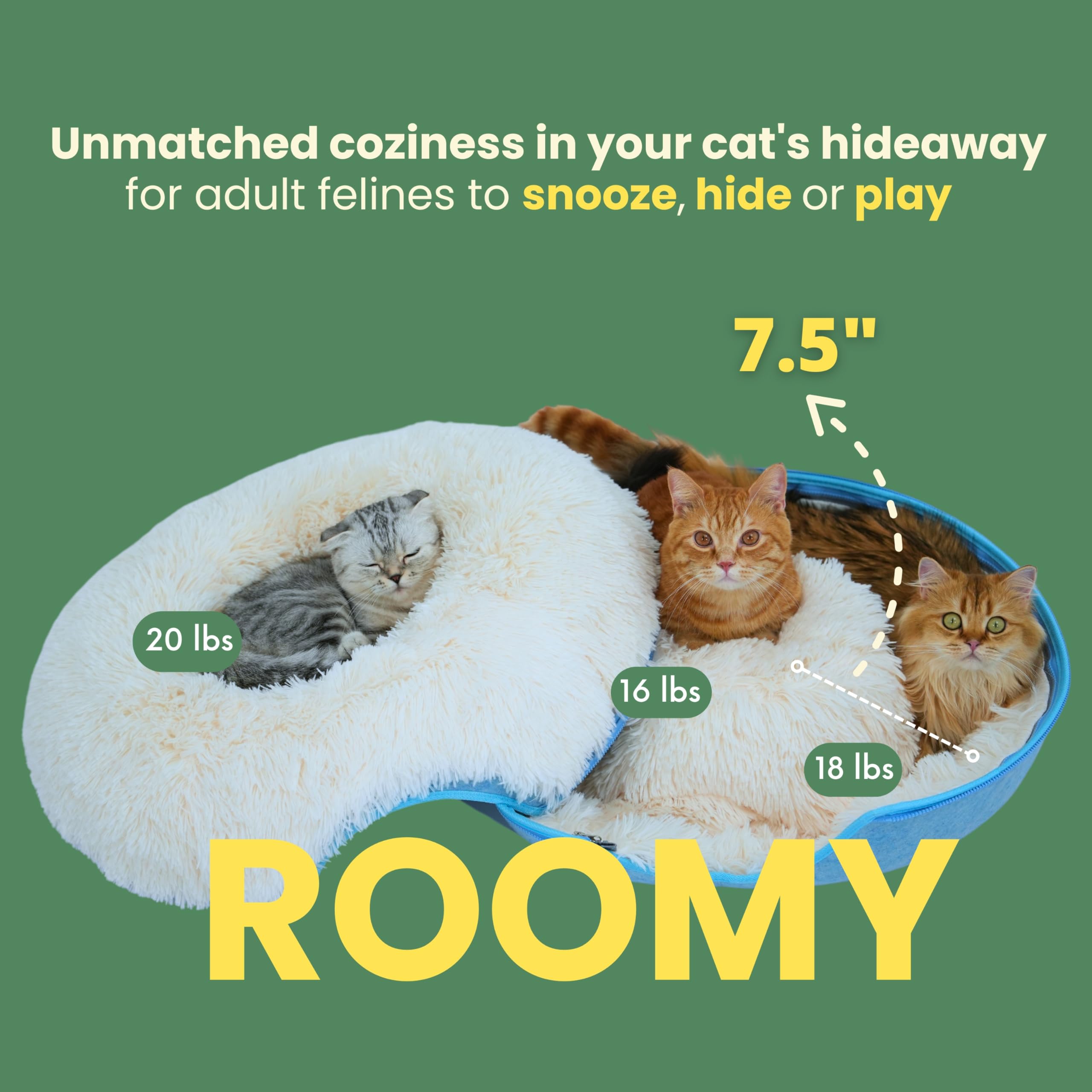 Cattasaurus Peekaboo Cat Cave For Multiple & Large Cats Up To 30-45 Lbs, Fluffy Cat Beds For Indoor Cats, Scratch Detachable & W