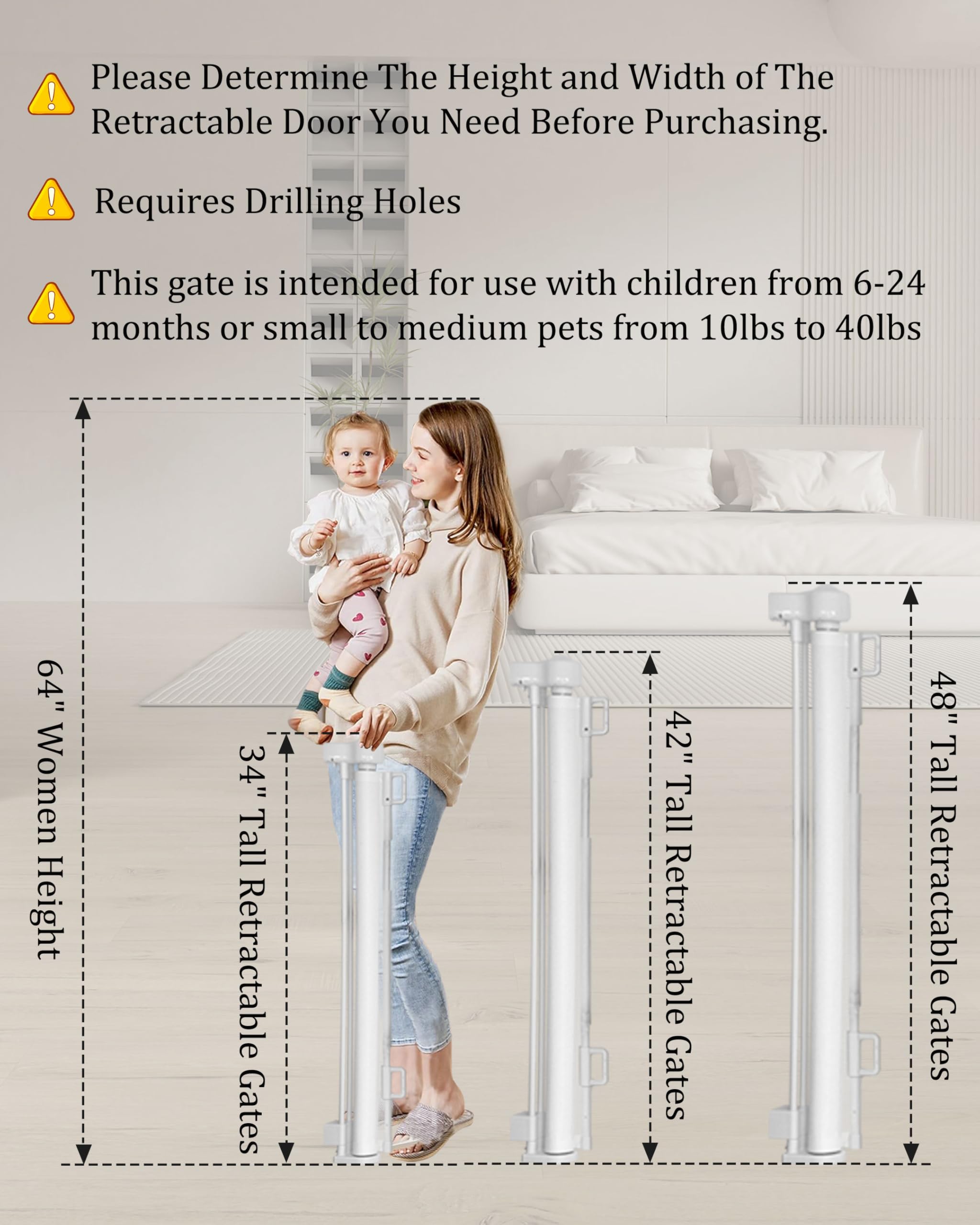 Upgrade 59' Retractable Baby Gates With Reinforced Strip Design To Prevent Crawling Through, 34' Tall Retractable Gate For Baby And Pet, 5 Ft Baby Gates For Stairs, Doorways, Hallways