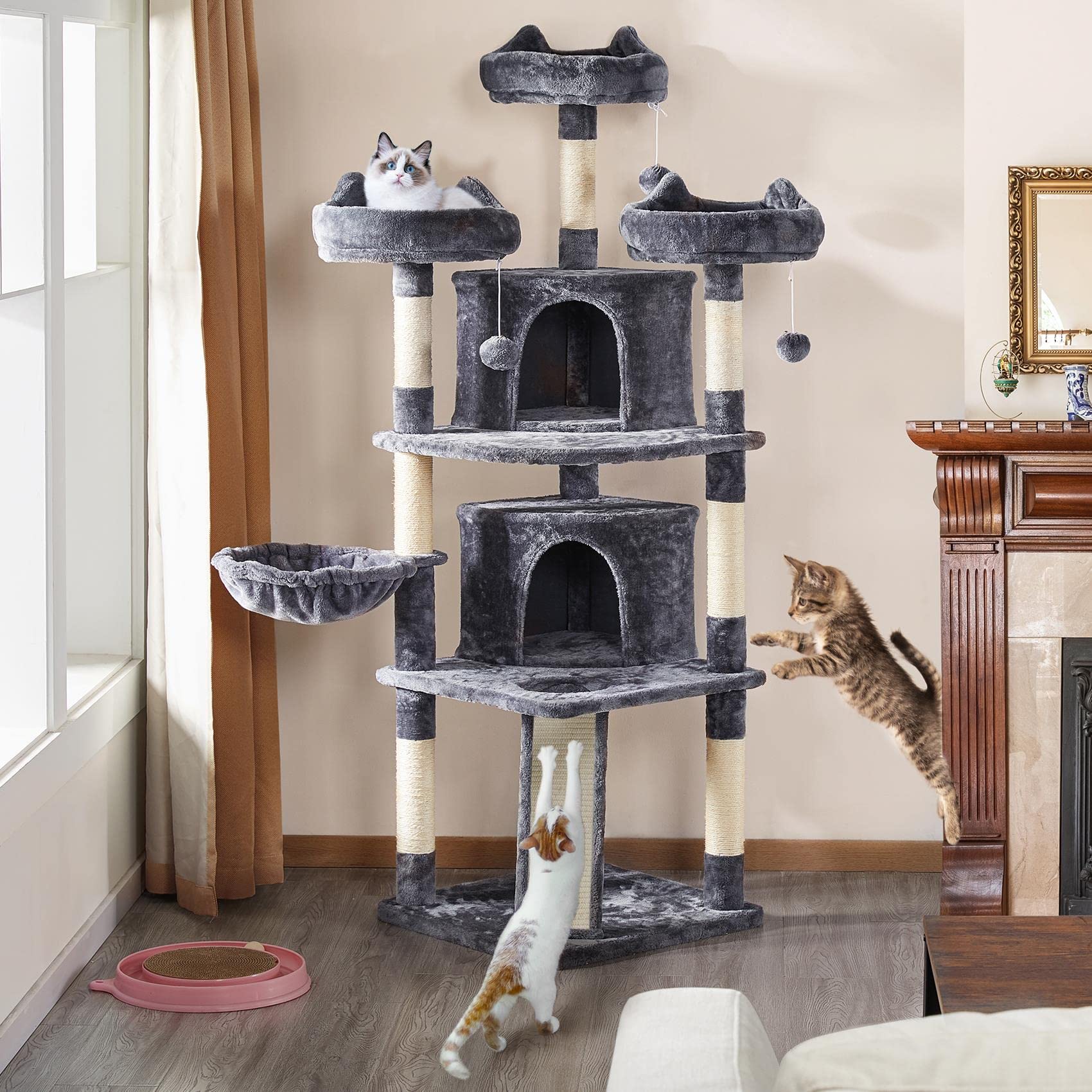 Yaheetech 68.5In Multi-Level Cat Tree Large Cat Condo With Sisal-Covered Platforms Scratching Board & Scratching Posts, Cozy Perches, Stable Cat Tower Cat Condo Pet Play House, Dark Gray