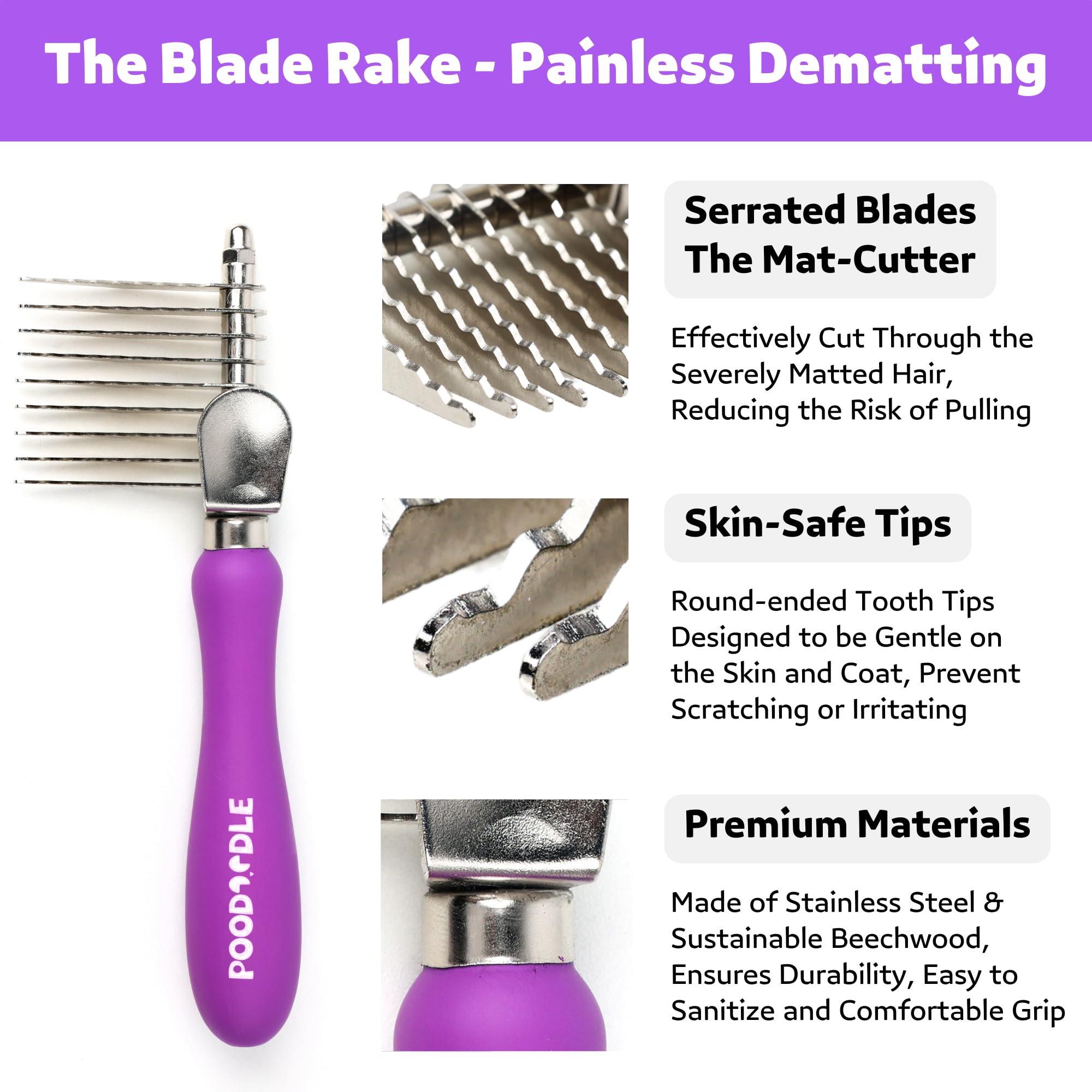 Poodoodle Dematting Comb Kit for Dogs & Cats - Pain-Free Dual-Side Rake & Brush Set, Purple, Ideal for Long Haired Pets