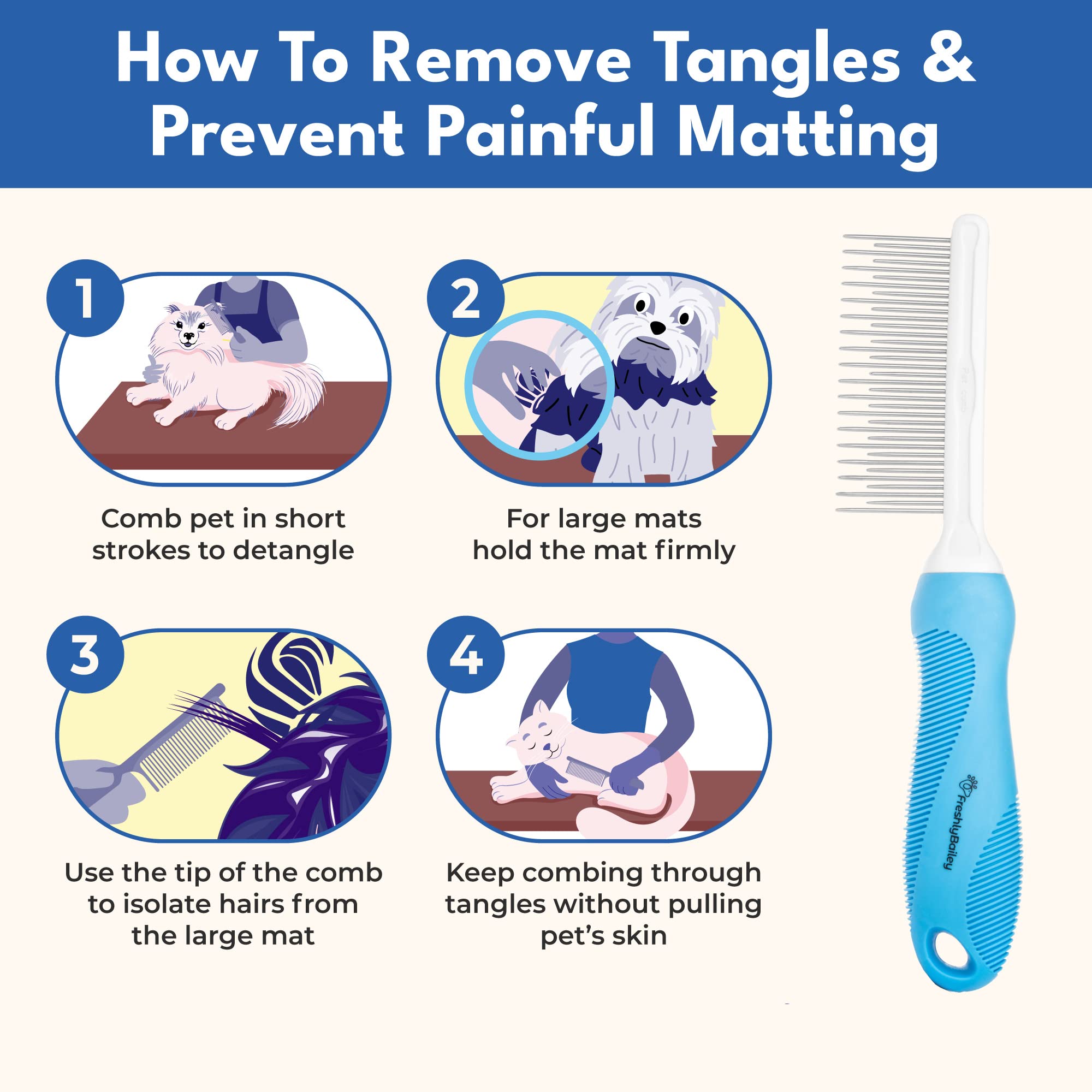 Dog & Cat Combs For Grooming Long Haired Cats & Dogs - Top Pet Detangler Brush For Long & Curly Hair - Comb Removes & Prevents Matted Fur - Perfect For Goldendoodle, Poodle Mixes, And Cat Undercoat