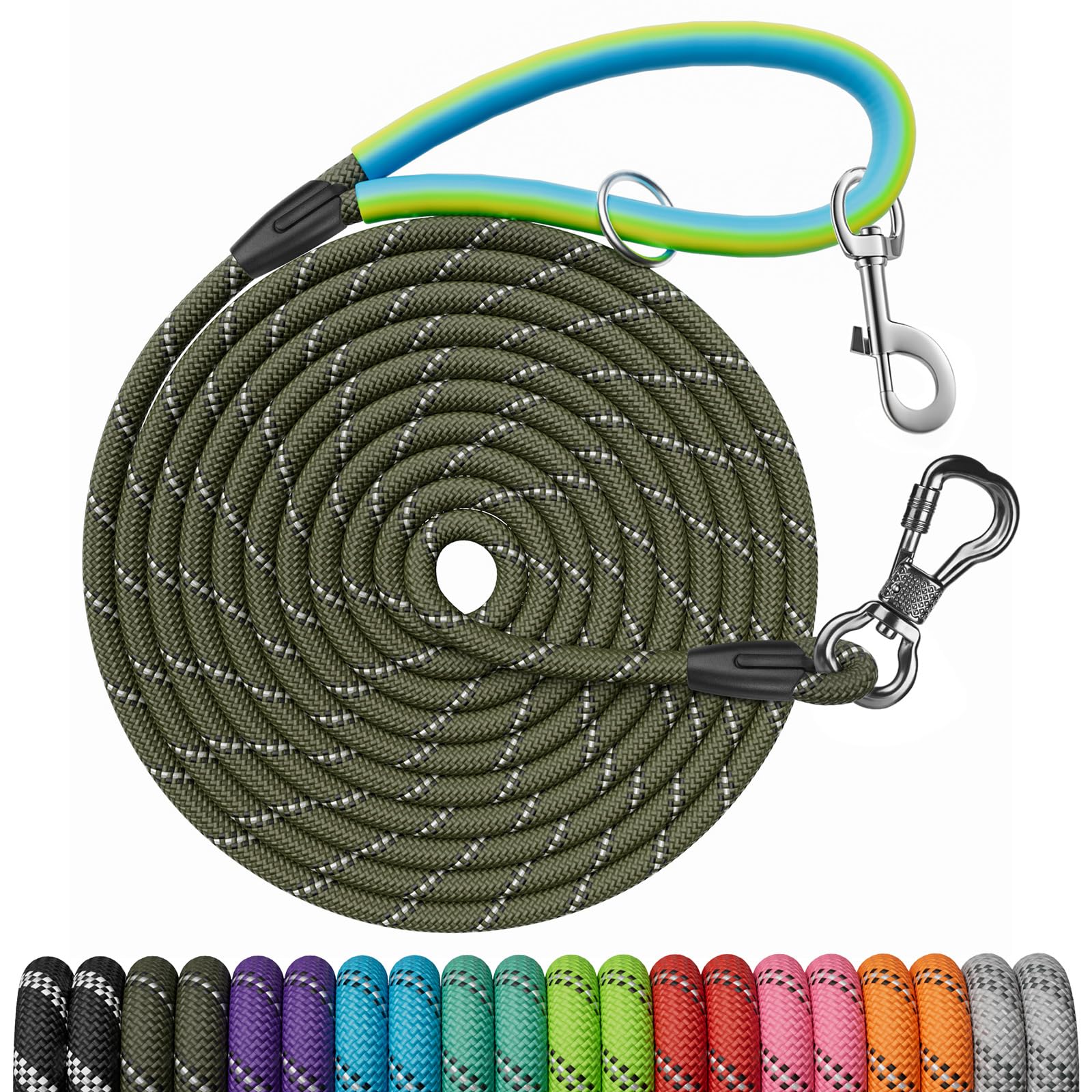 Ntr 50Ft Long Dog Leash With 2 Swivel Hooks, Reflective Threads And Comfortable Padded Handle, Training Leash Lead For Walking, 