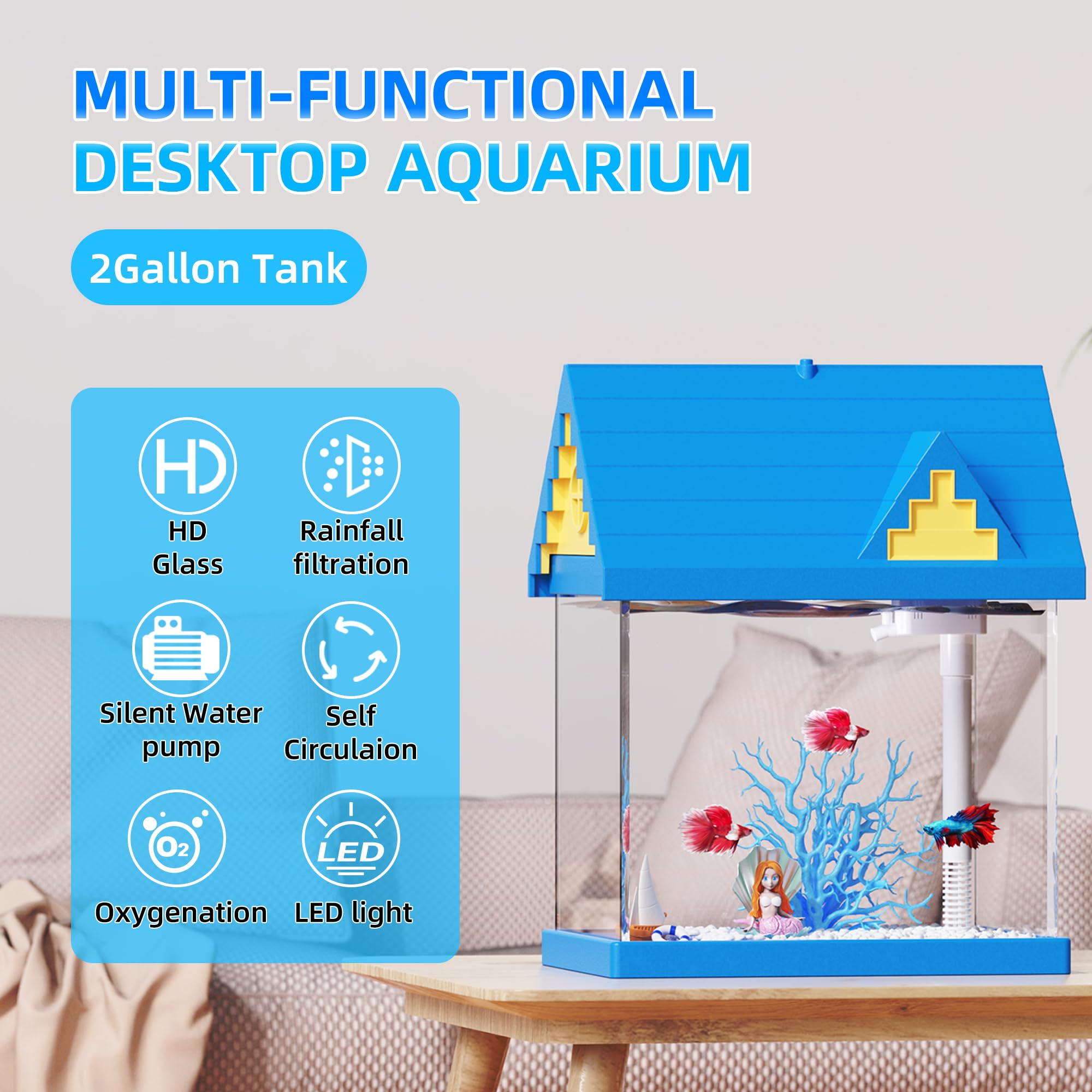 FREESEA Aquarium Betta Fish Tank: 2 Gallon Glass Betta Tank with Filter and Light for Shrimp Jellyfish Goldfish - Small Aquarium