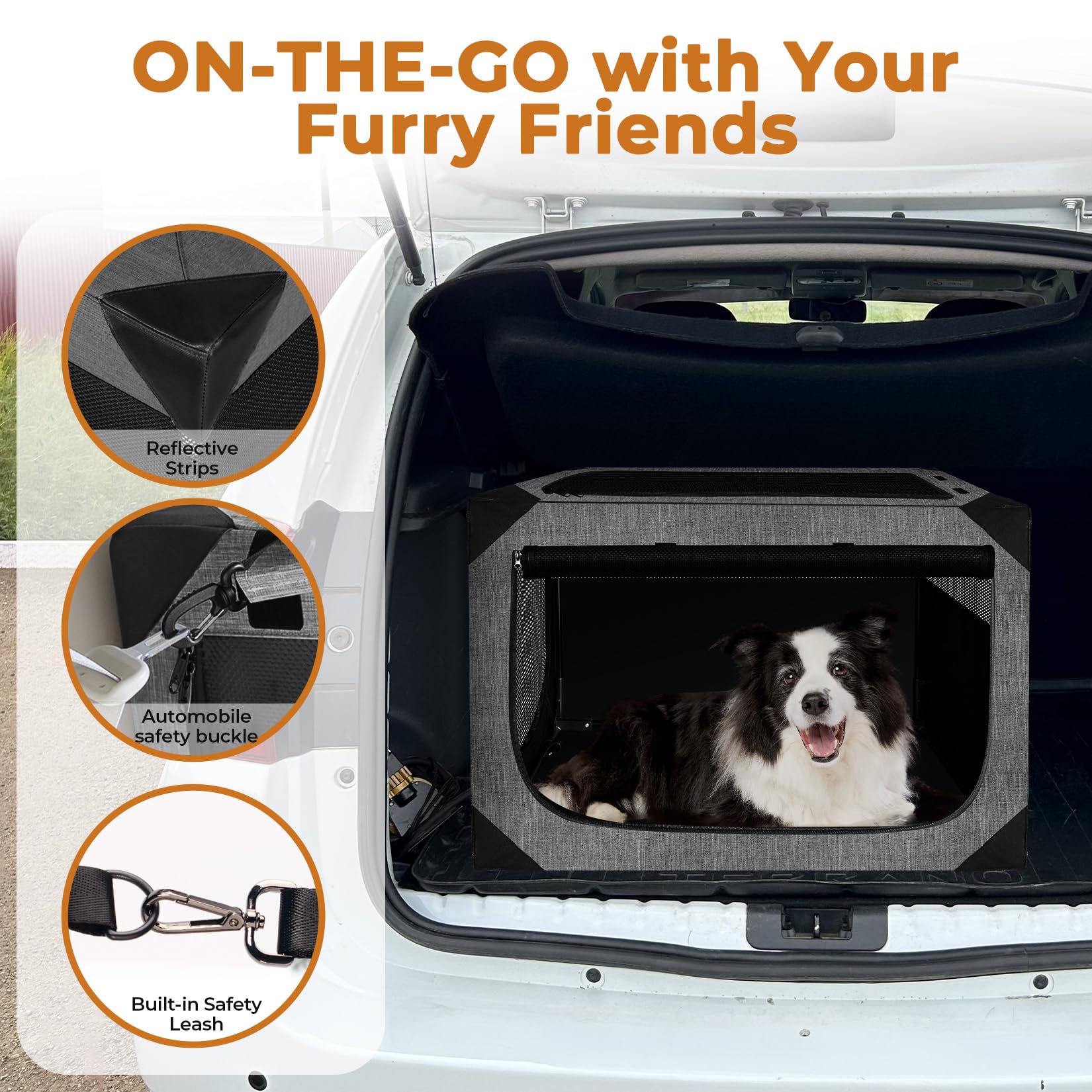 Nottia Dog Crate - Collapsible Soft Travel Kennel for Large Dogs, 36"x25"x25", Dark Gray, Chew-Proof Mesh, Model DC00036