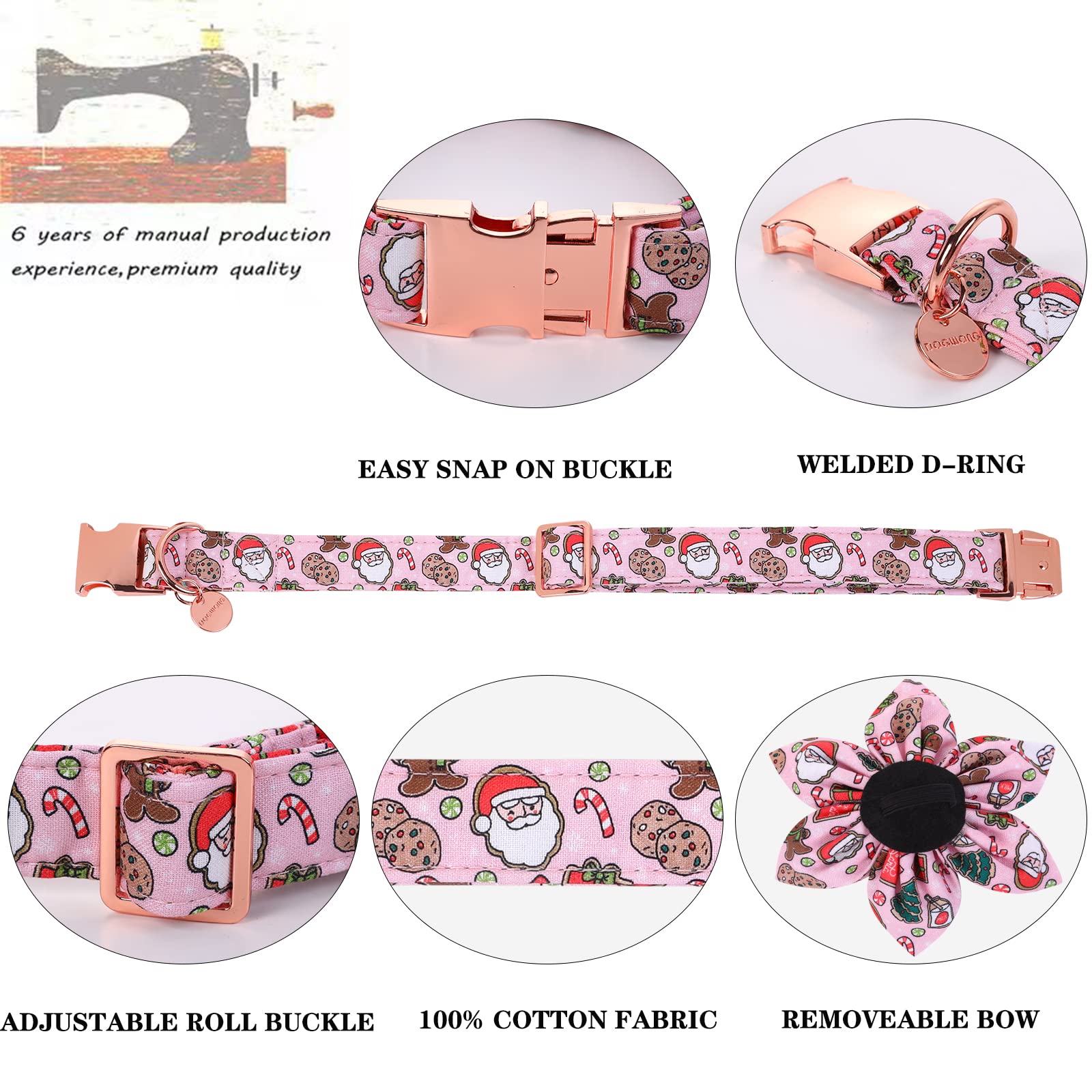Dogwong Christmas Dog Collar With Flower, Pink Santa Claus Dog Collar Gingerbread Man Soft Durable Adjustable Cotton Cute Girl P