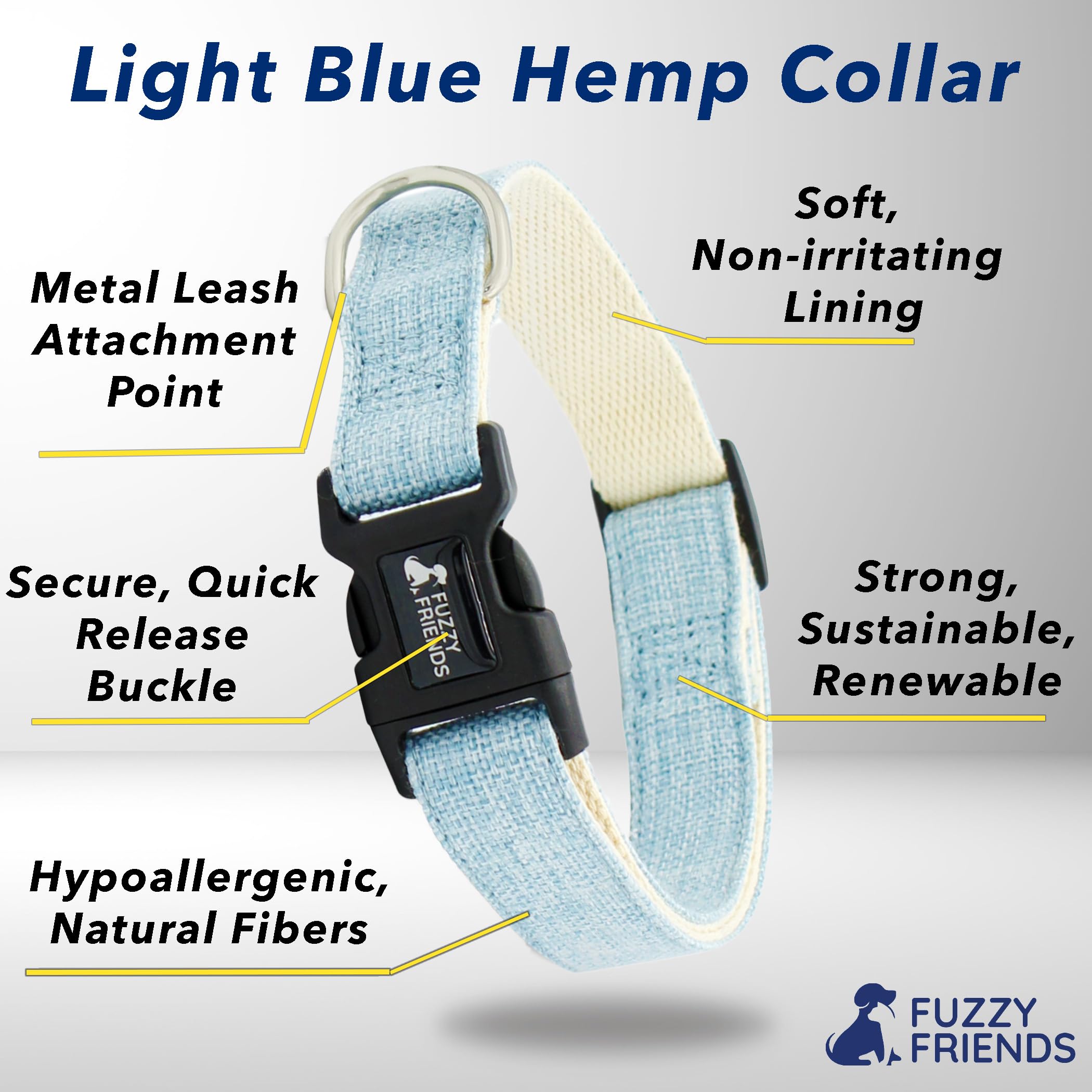 Fuzzy Friends Light Blue Hemp Dog Collar - Hypoallergenic Dog Collar - Comfortable for Sensitive Skin or Allergies with no Harsh