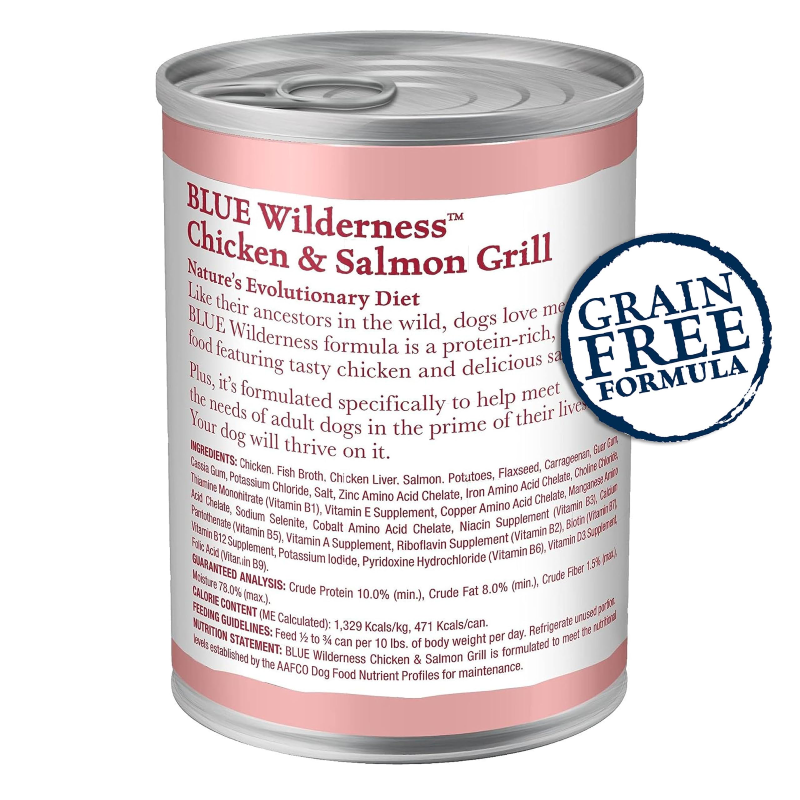 Blue Buffalo Wilderness High Protein Natural Adult Wet Dog Food Plus Wholesome Grains, Chicken & Salmon Grill 12.5-oz Cans (Pack