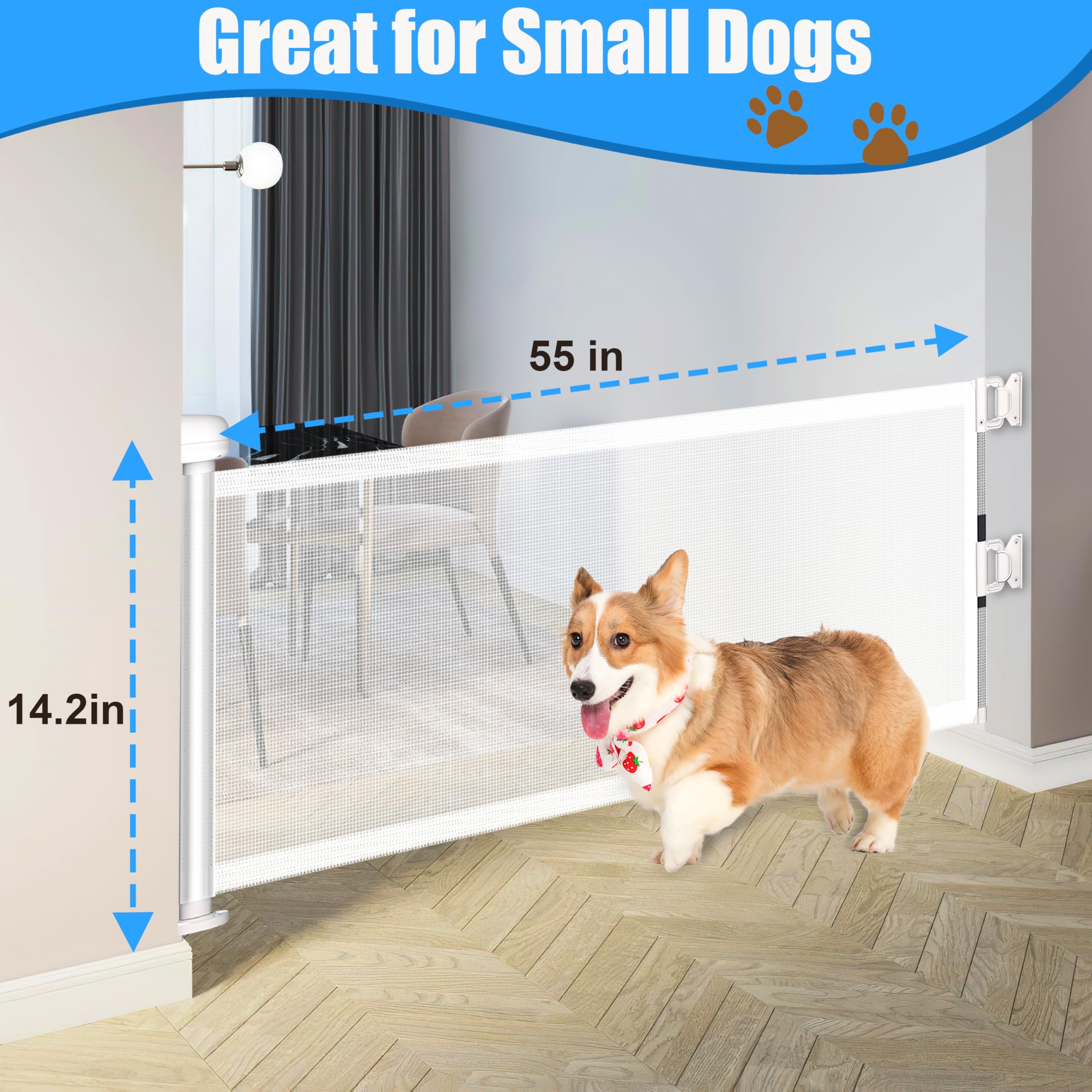 14  H Dog Gate - Puppy and Small Dog Gates, Retractable, Mesh, Expands Up to 59 Inches, Indoor/Outdoor, perfect for Doorways & S