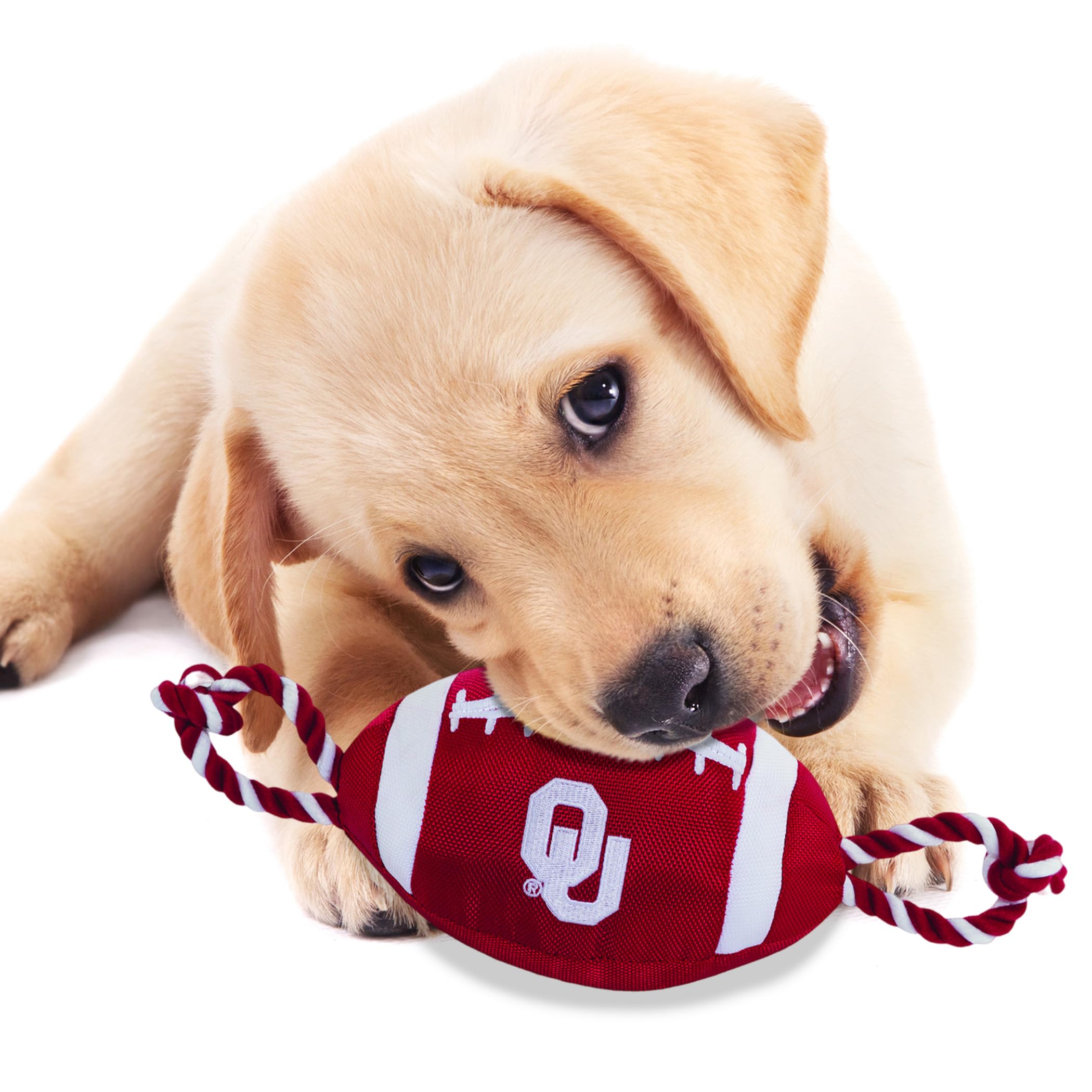Pets First NCAA Oklahoma Sooners Football Dog Toy, Tough Quality Nylon Materials, Strong Pull Ropes, Inner Squeaker, Collegiate