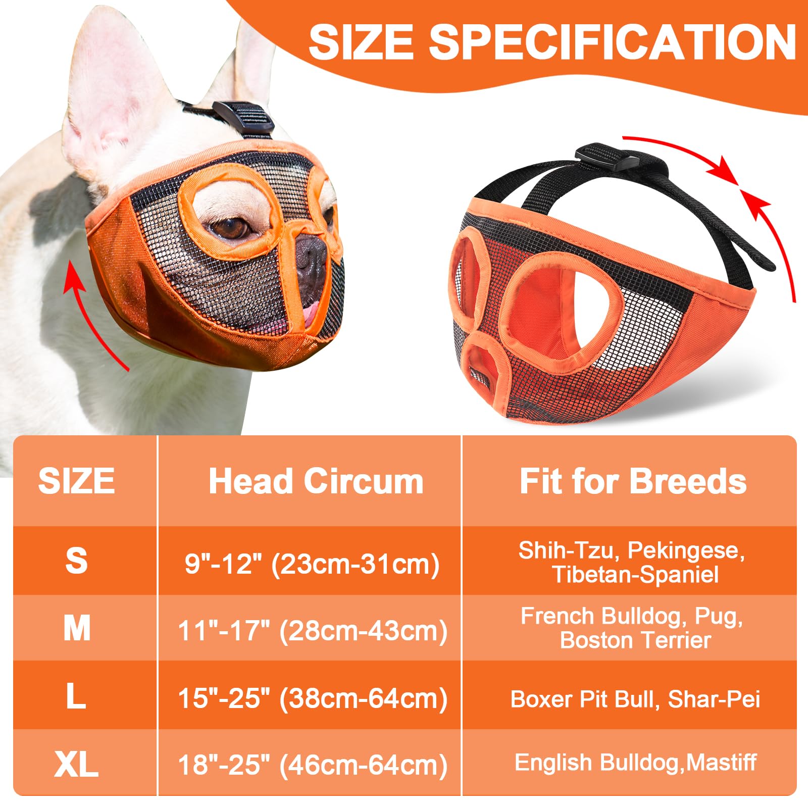 Jyhy Short Snout Dog Muzzles- Adjustable Breathable Mesh Bulldog Muzzle For Biting Chewing Licking Grooming Dog Mask,Orange N-S