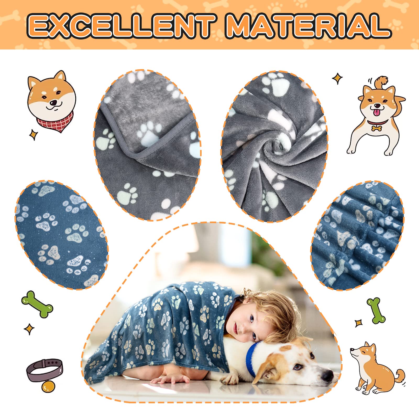 1 Pack 3 Dog Blankets - Super Soft Fluffy Premium Fleece Pet Blanket - Medium & Large Sizes - Gray & Blue - 31X41 Inch