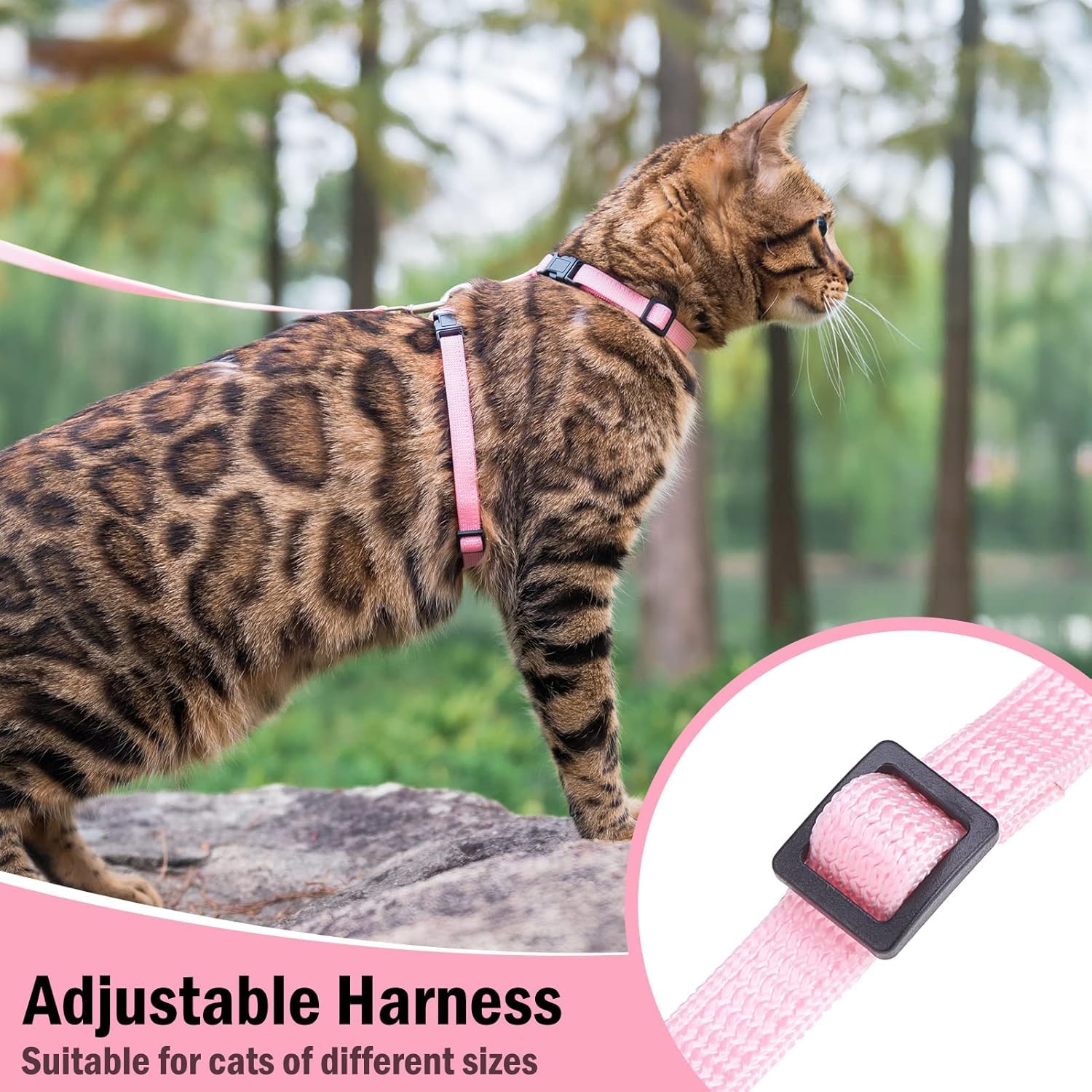 Pupteck Adjustable Cat Harness And Leash Set Escape Proof Kitten Strap Collar For Walking Travel, Pink, M
