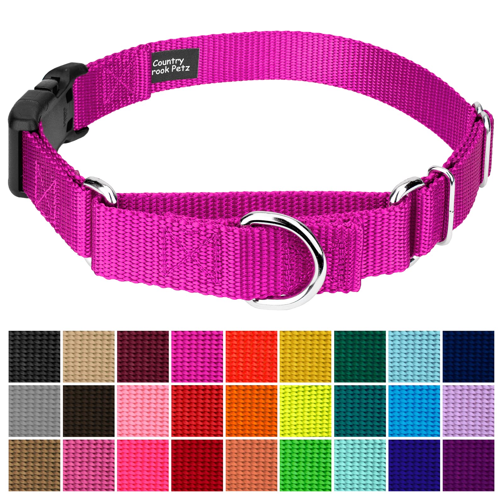 Country Brook Petz - Made In The Usa - Durable Nylon Martingale With Deluxe Buckle - 30+ Vibrant Color Options (Fuchsia, 3/4 Inc