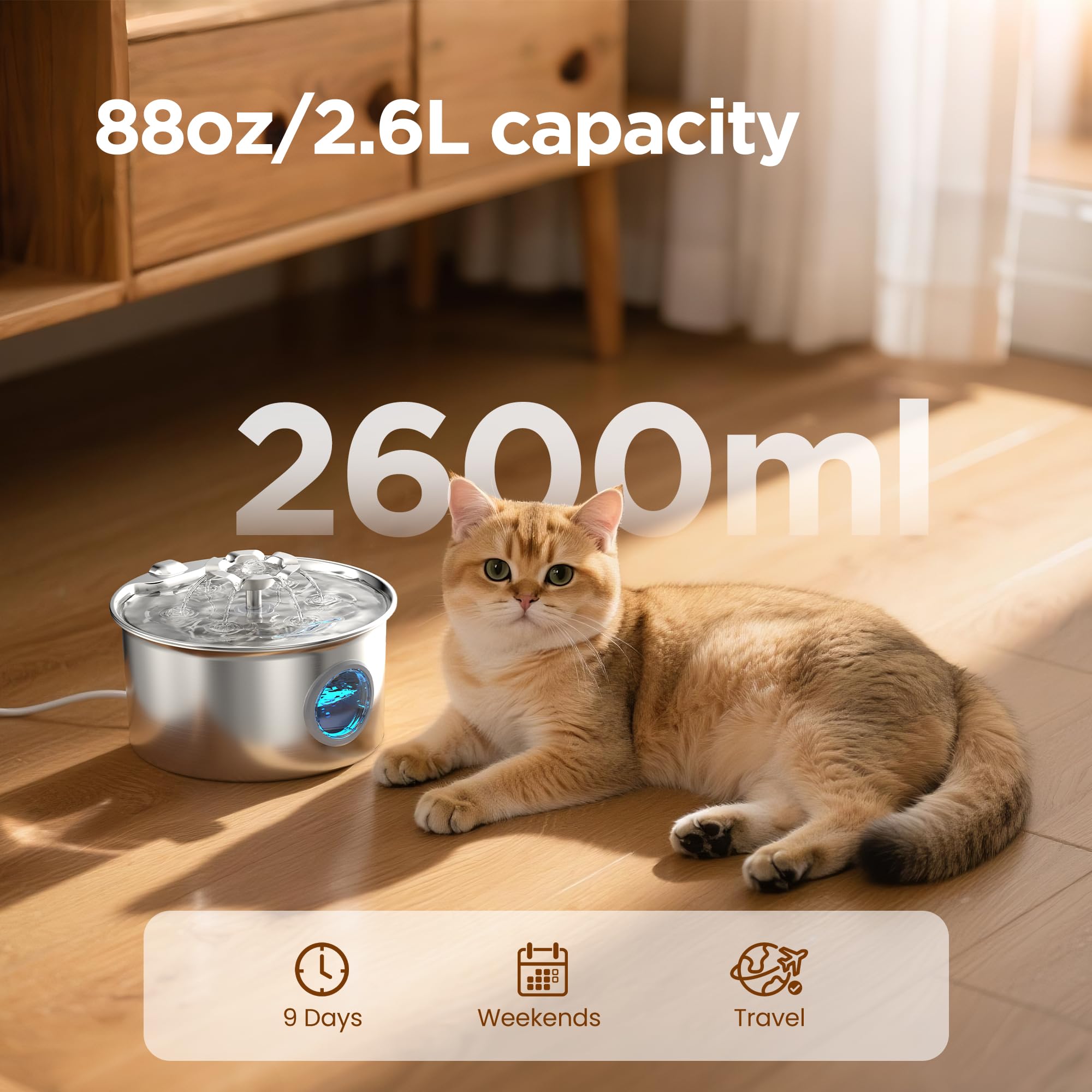 Cat Water Fountain Stainless Steel - 88oz/2.6L Pet Drinking Fountain for Cats Indoor with 8 Filters - Automatic Cat Watering Dis