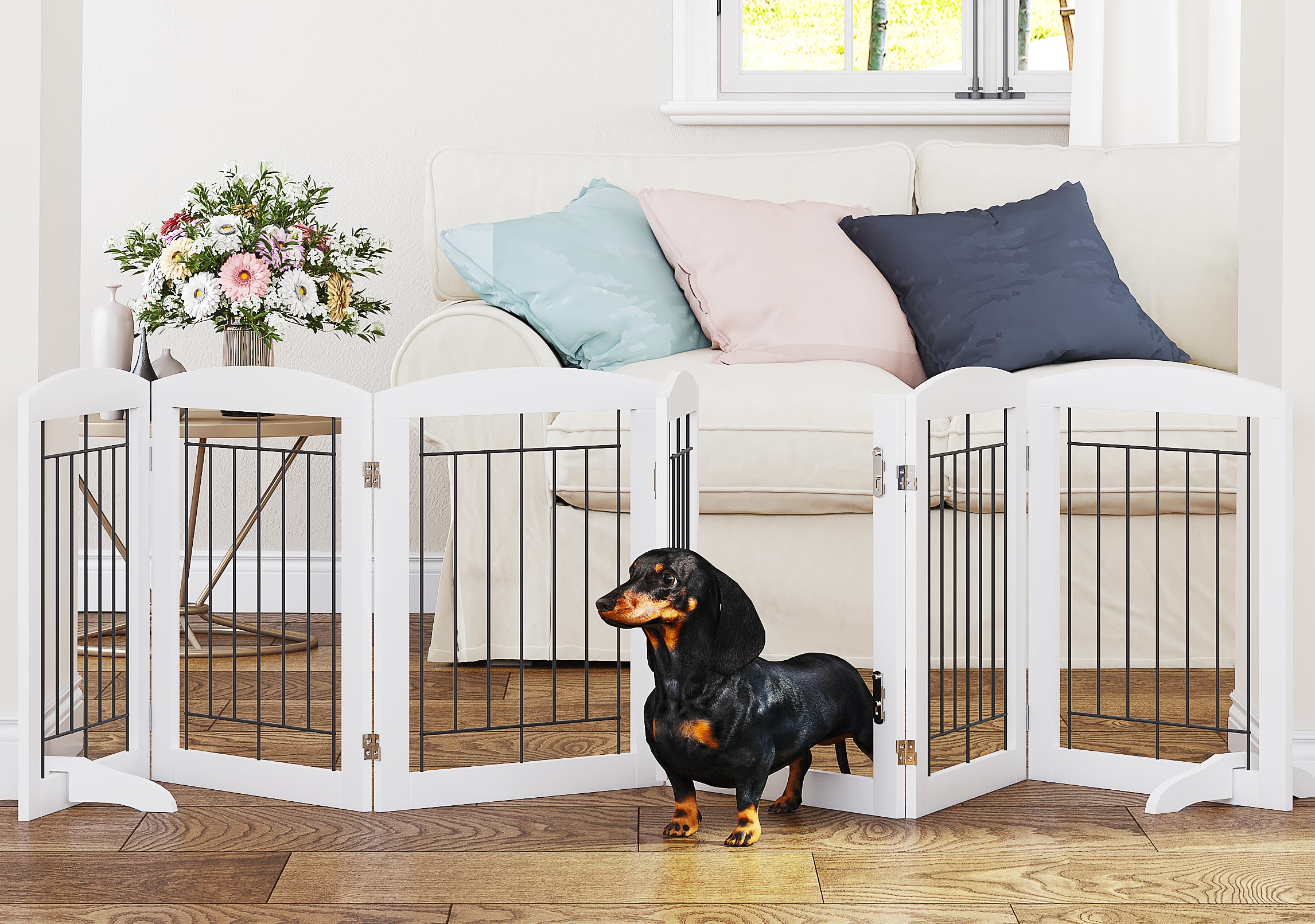 PAWLAND 6 Panels Dog Gate Indoor with Walk Through Door, Foldable FreeStanding Pet Gate for Doorways, Stairs, The Houes, Pet Pup
