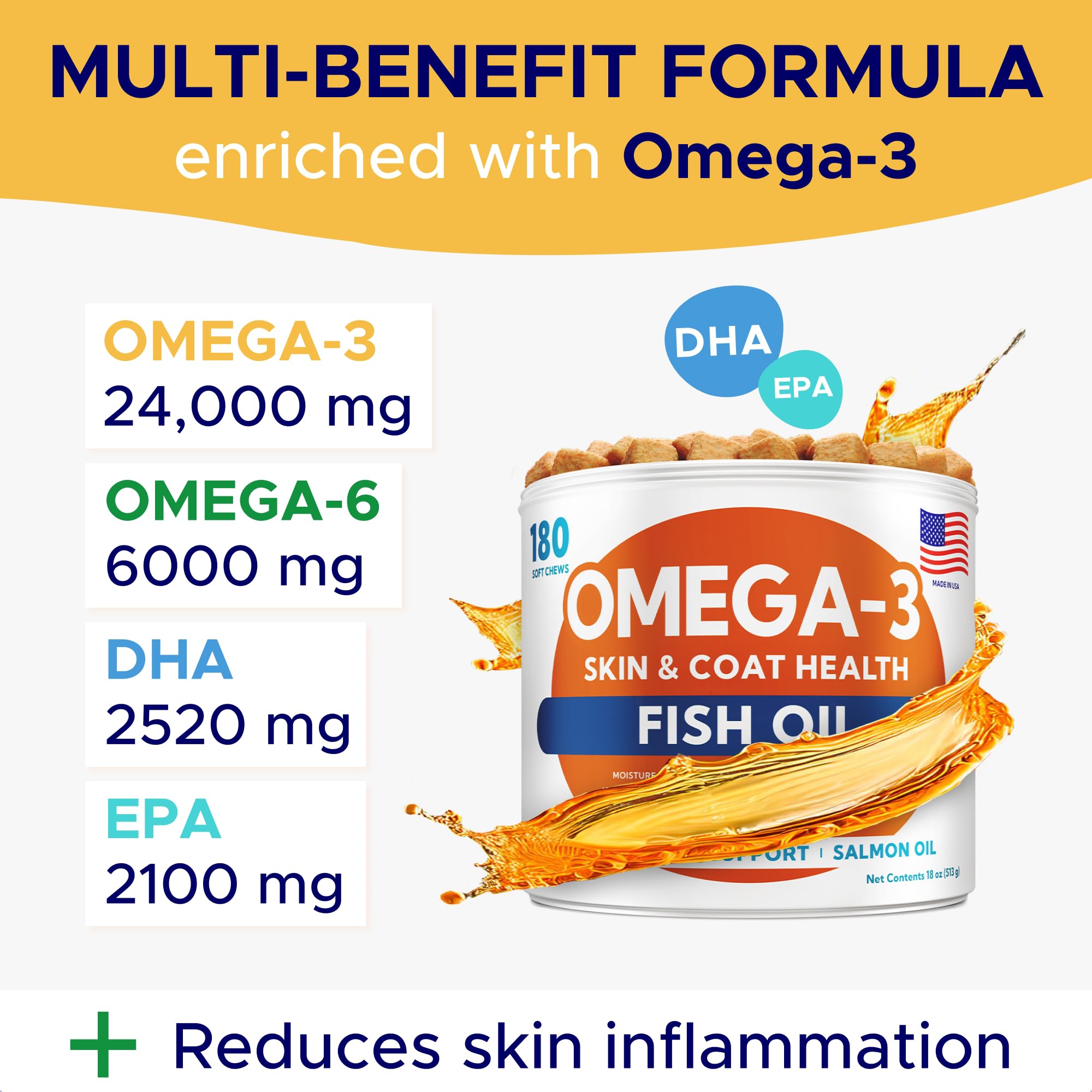 Omega 3 Fish Oil for Dogs (180 Ct) - Skin & Coat Chews - Dry & Itchy Skin Relief + Allergy Support - Shiny Coats - EPA&DHA Fatty