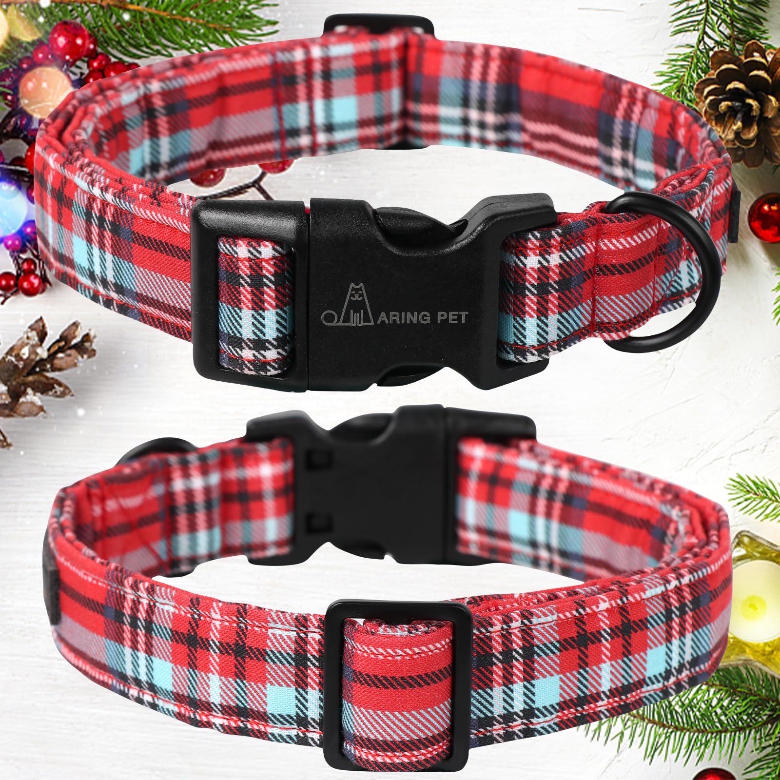Aring Pet Christmas Dog Collar Cute Red Plaid Dog Collar, Adjustable Cotton Christmas Dog Collars Puppy Collar For Small Medium Large Dogs