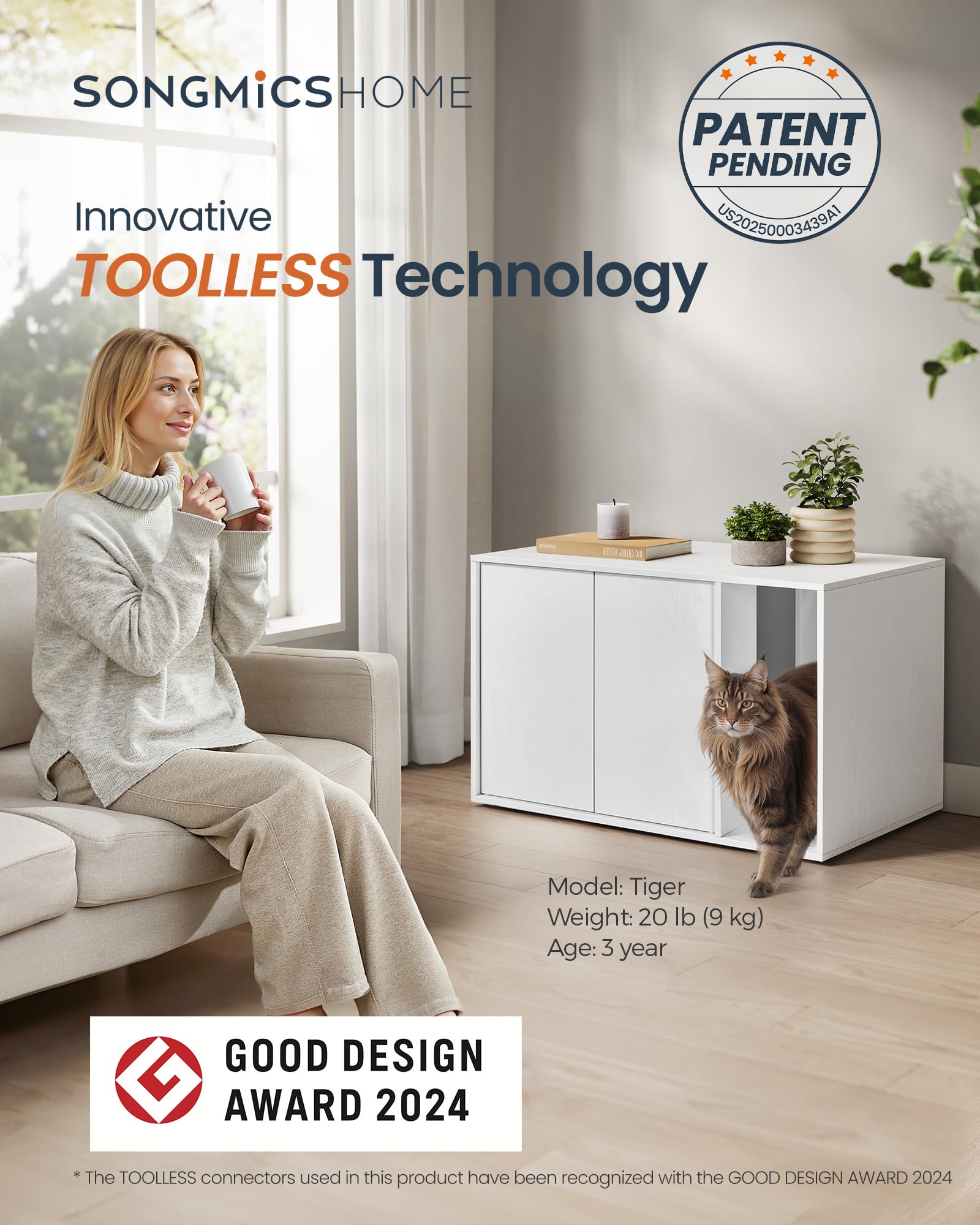 Songmics Home Superfast Toolless Assembly, Cat Litter Box Enclosure, Cat House, For Large Cats, Push-To-Open Doors, Display Side