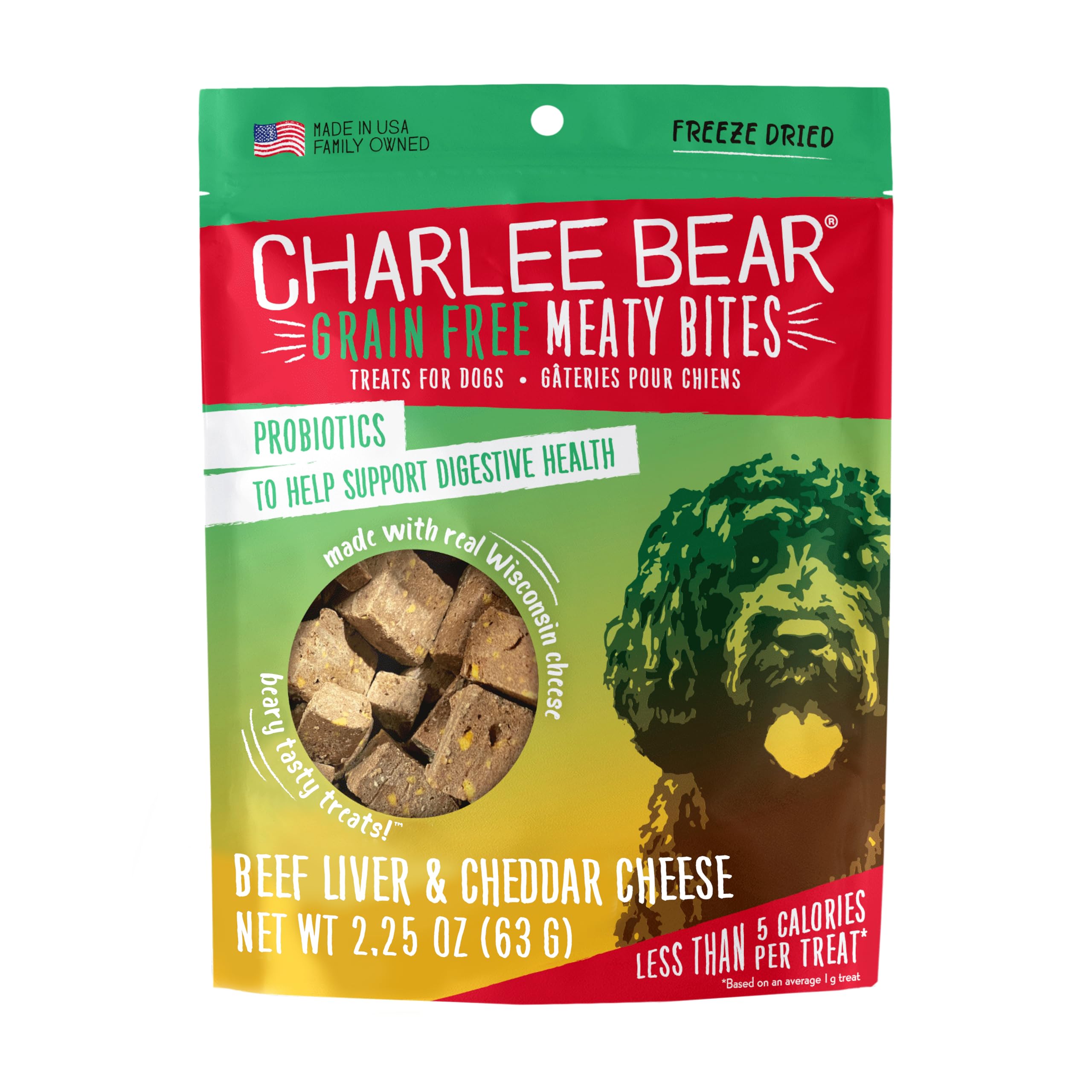 Charlee Bear Freeze Dried Dog Treats, Beef & Cheese, High Protein, 2.25 Oz Resealable Bag, Grain Free Training Snacks, Made in USA