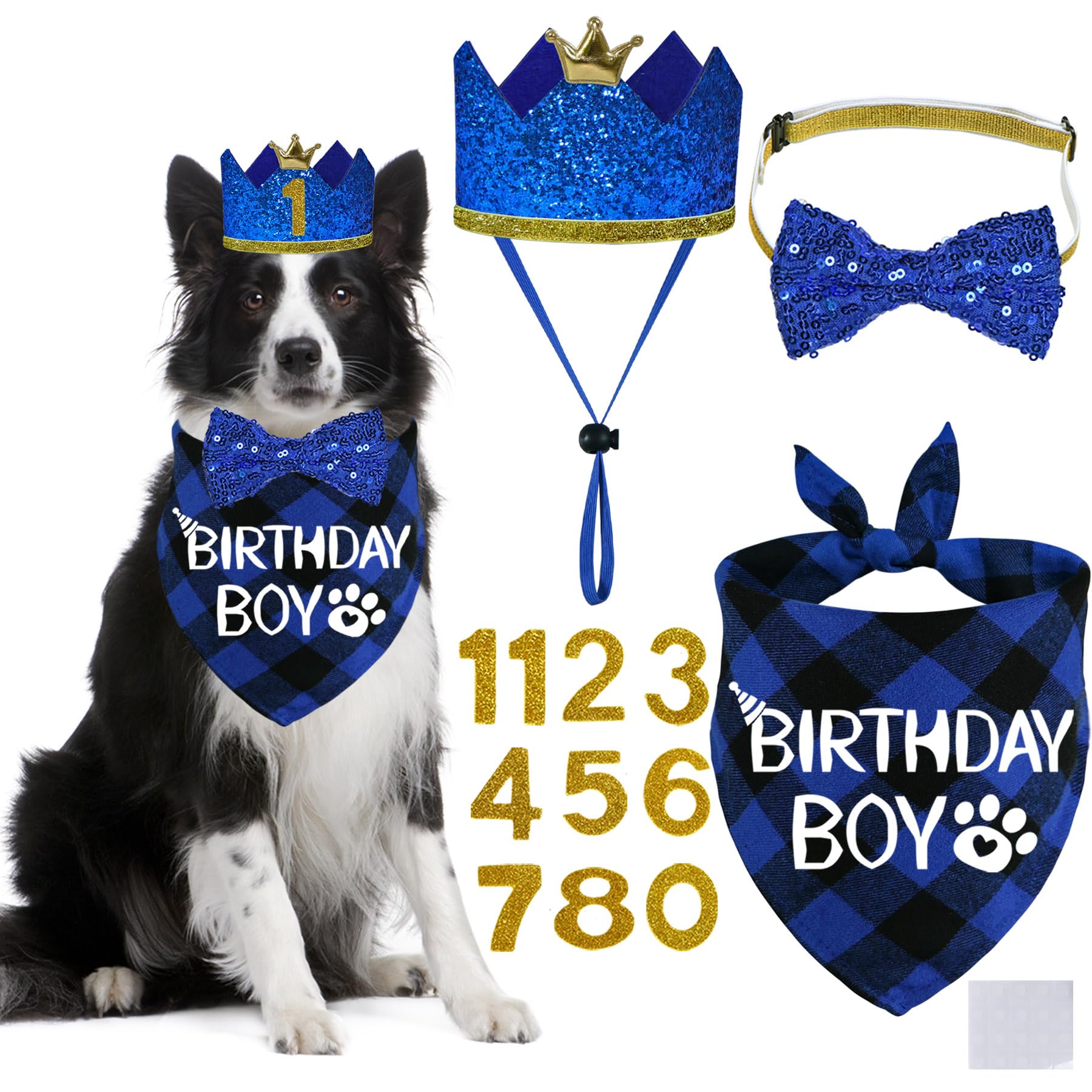 Stmk Dog Birthday Party Supplies, Multi Size Dog Birthday Hat With Numbers Bandana Bow Tie For Large Extra Large Dogs Pets (Blue