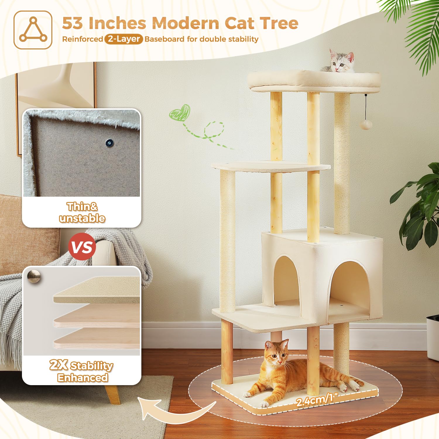 Pawz Road Large Cat Tree, 53 Inches Modern Wooden Cat Tower For Indoor Large Cats, Multi-Level Cat Condos With Long Scratching P