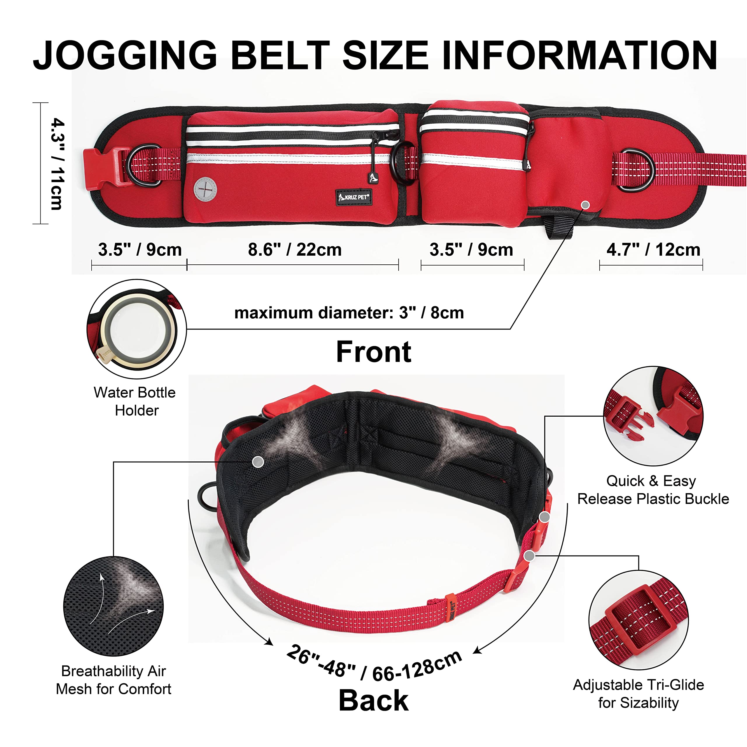 Kruz Pet Kzjbelt-01 Jogging Belt And Hands Free Dog Leash - Retractable Shock Absorbing Bungee Leash With Waist Belt - Running,