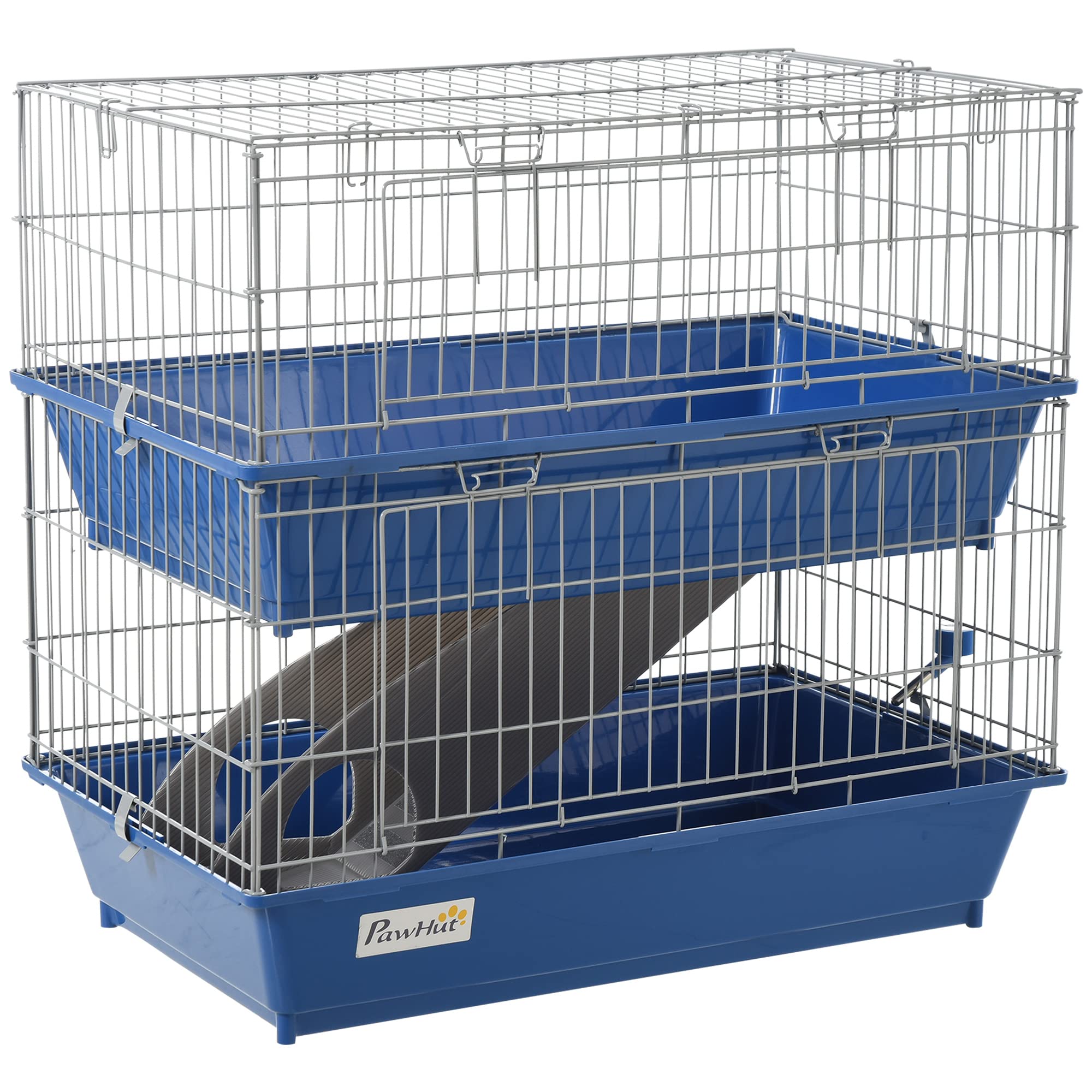 PawHut Double Tier Small Animal Cage Rabbit Guinea Pig Chinchillas Cage w/Ramp Food Dish Water Bottle Deep Trays Pet Home 72 x 4