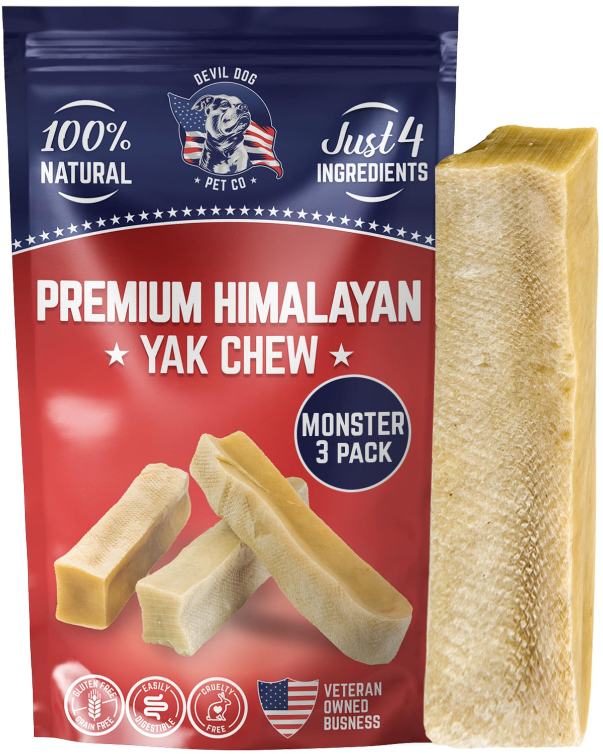 Devil Dog Pet Co Yak Cheese Dog Chews - Premium All Natural Dog Treats For Aggressive Chewers - Long Lasting, Limited Ingredient And Odorless - Usa Veteran Owned Business (Monster - 3 Pack)