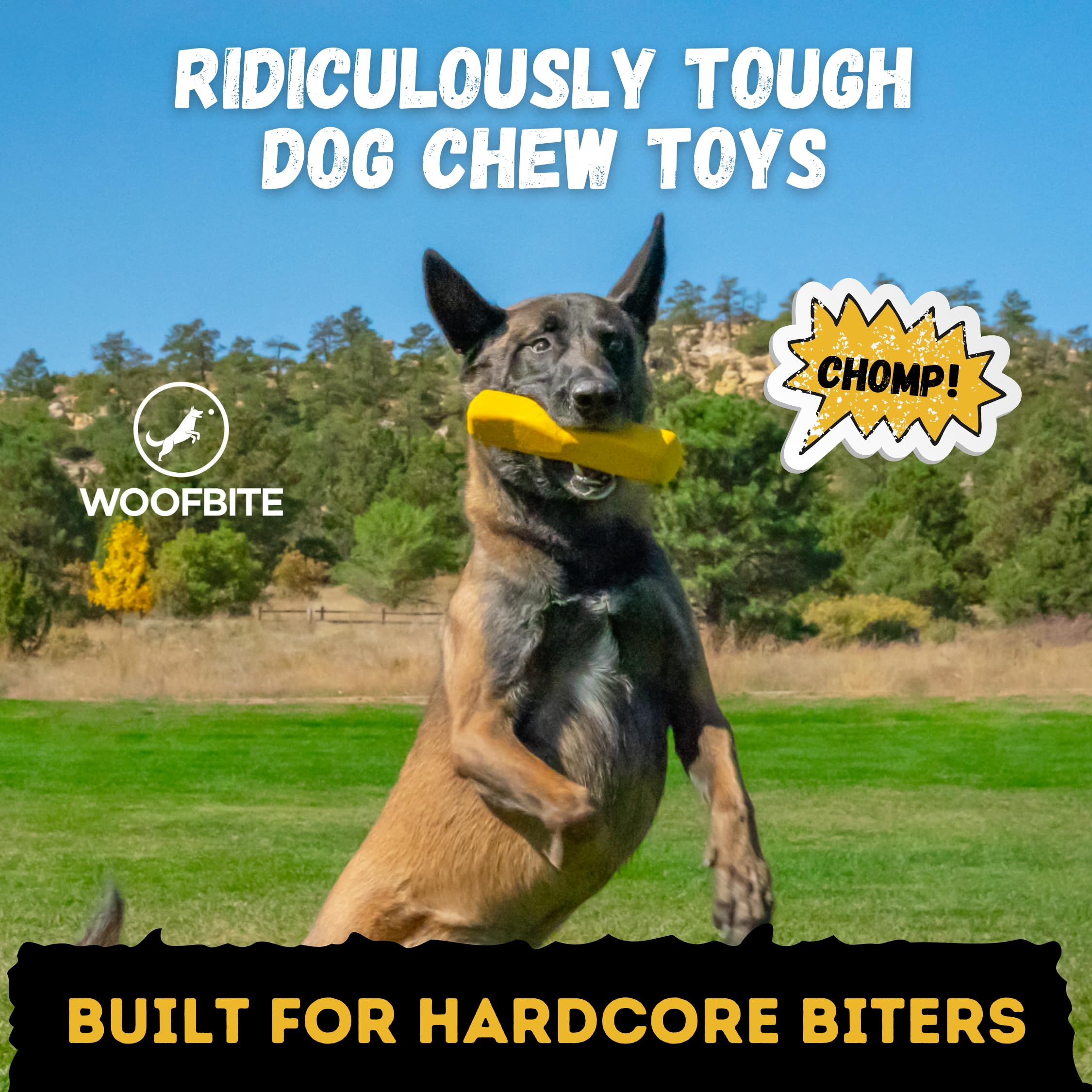 WoofBite Indestructible Chew Stick - Lifetime Replacement - Aggressive Chewers, Medium Large Breed - Non-Toxic Natural Rubber Do