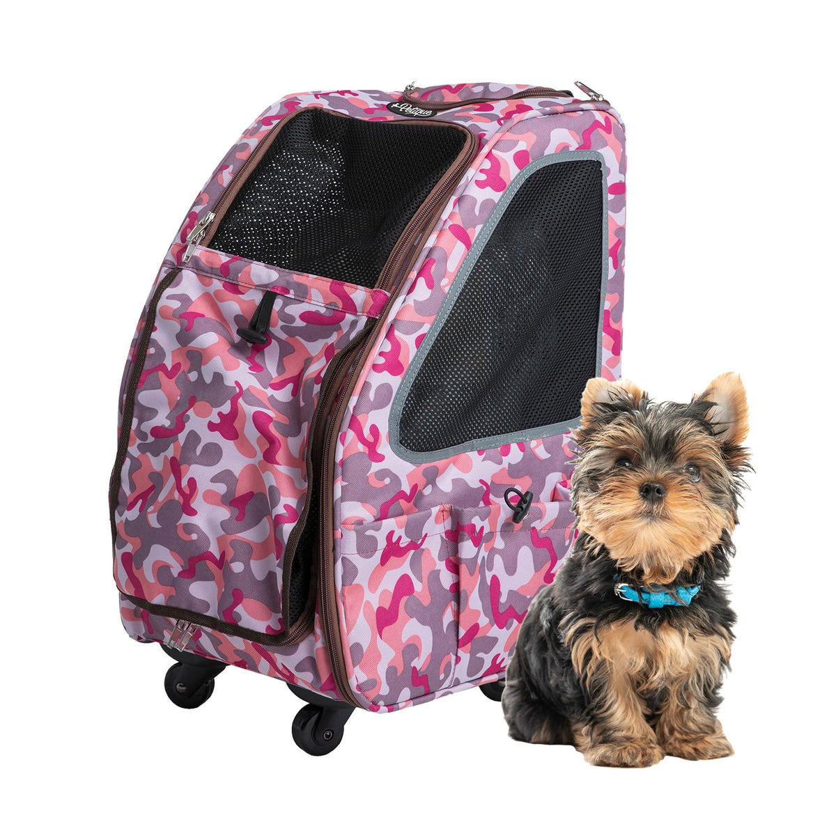 Petique 5-In-1 Pet Carrier, Features: Rolling, Top Handle, Backpack, Luggage Attachment, Car Seat All In One For Small To Medium Dog, Cat, Bunny, Supports Pets Up To 25Lbs - Pink Camo