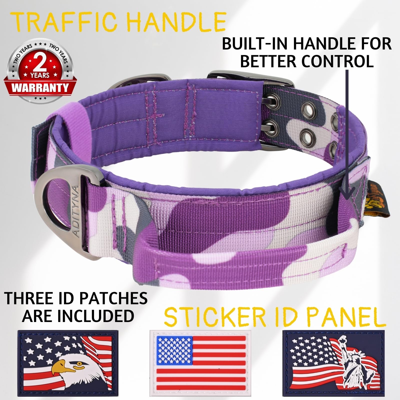Adityna Heavy Duty Dog Collar For Medium Dogs - Camo Purple Collar With Handle For Training, And Walking - Wide, Thick, Tactical