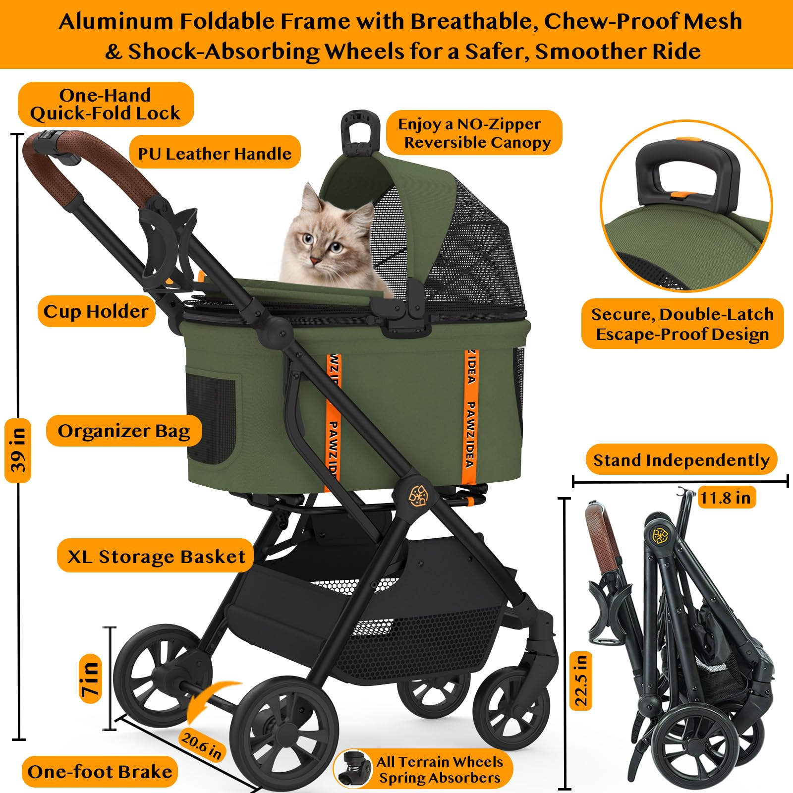 Pawzidea Cat Stroller 4 In 1, Pet Stroller For Small/Medium Dogs With Detachable Carrier Easy Lock No-Zip Canopy, Seatbelt Dog C