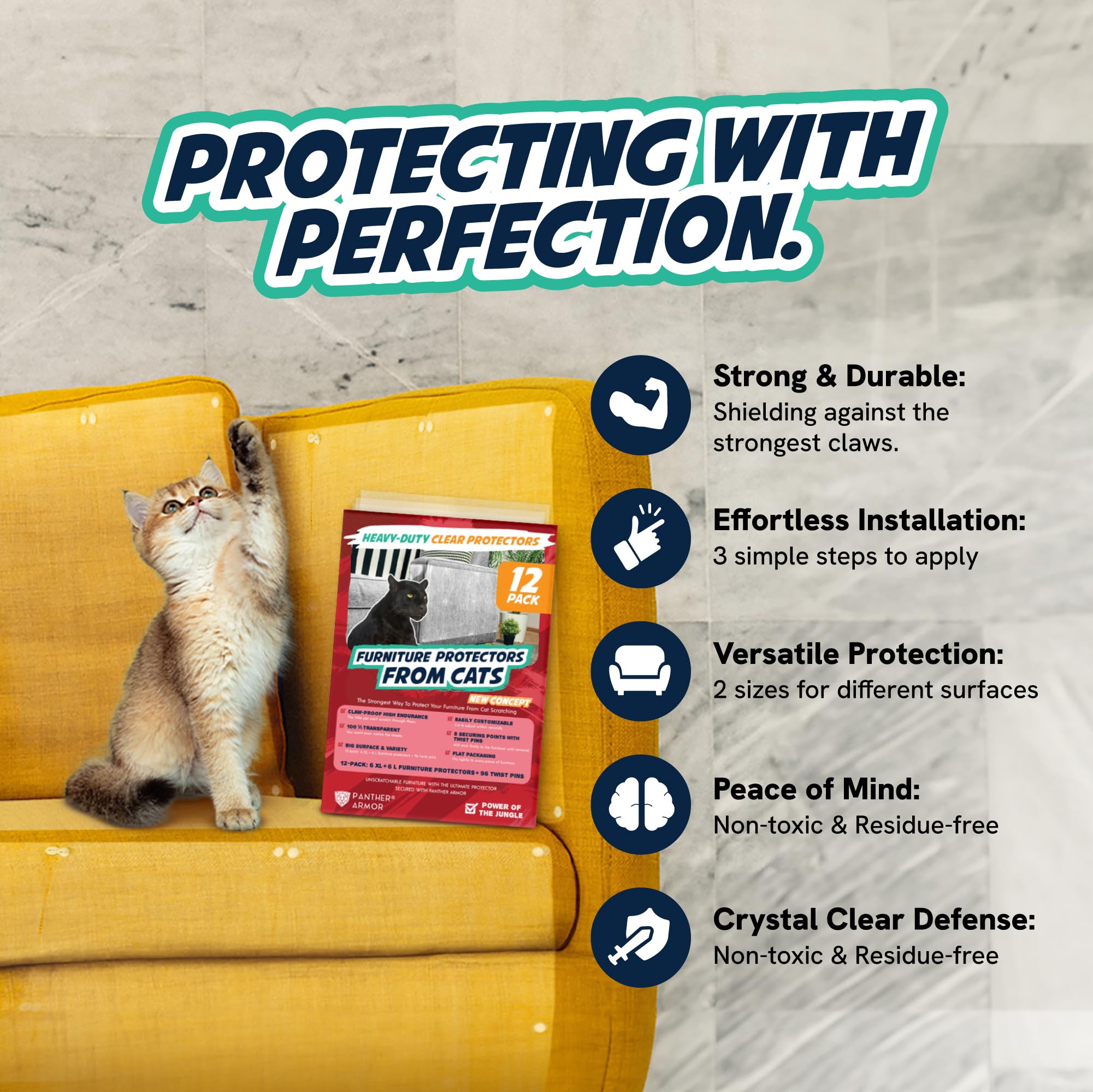 Panther Armor 12-Pack Furniture Protectors From Cats Scratch - Anti Cat Couch Guards - Sofa Corner Scratching Training Tape Deterrent