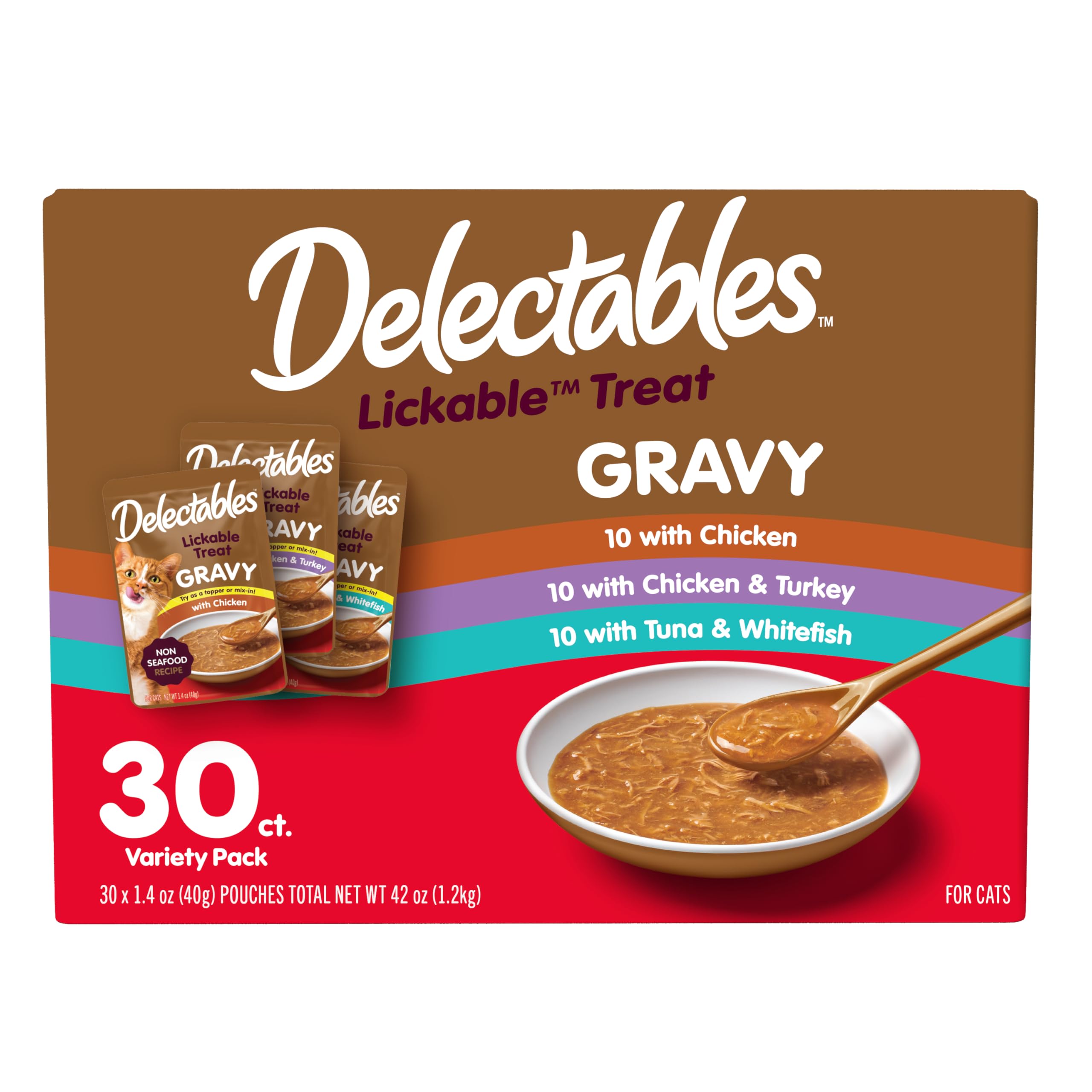 New! Delectables Gravy Lickable Wet Cat Treat & Food Topper, Variety, 30 Pack