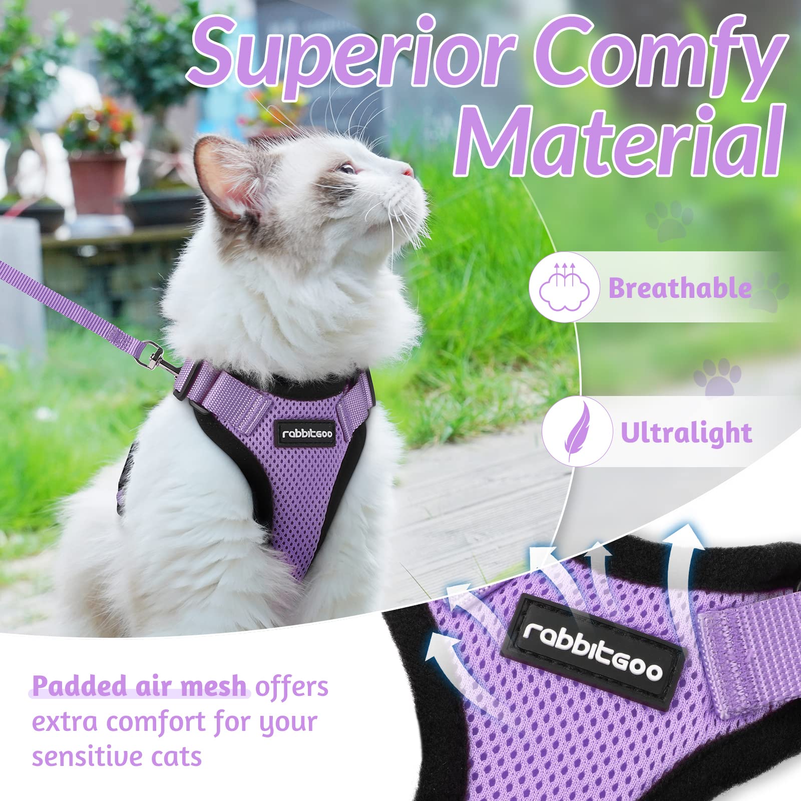 Rabbitgoo Cat Harness And Leash For Walking, Escape Proof Soft Adjustable Vest Harnesses For Cats, Easy Control Breathable Reflective Strips Jacket, Light Purple, Xxs