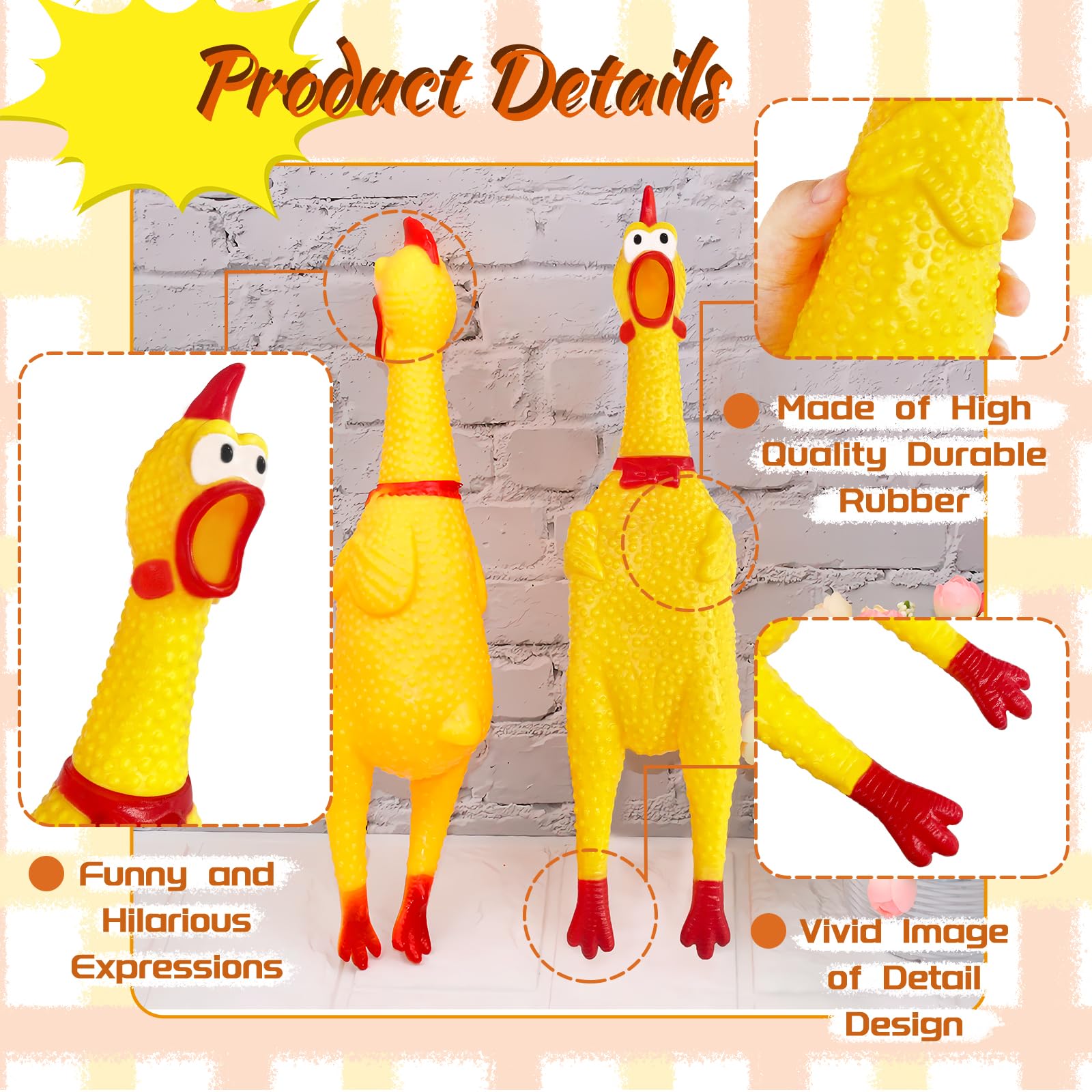 Xeehwb 2 Pcs Large Rubber Chicken,Screaming Chicken Dog Toys,Yellow Rubber Squawking Chicken,Squeaky Chicken Toys,Prank Noise Ma