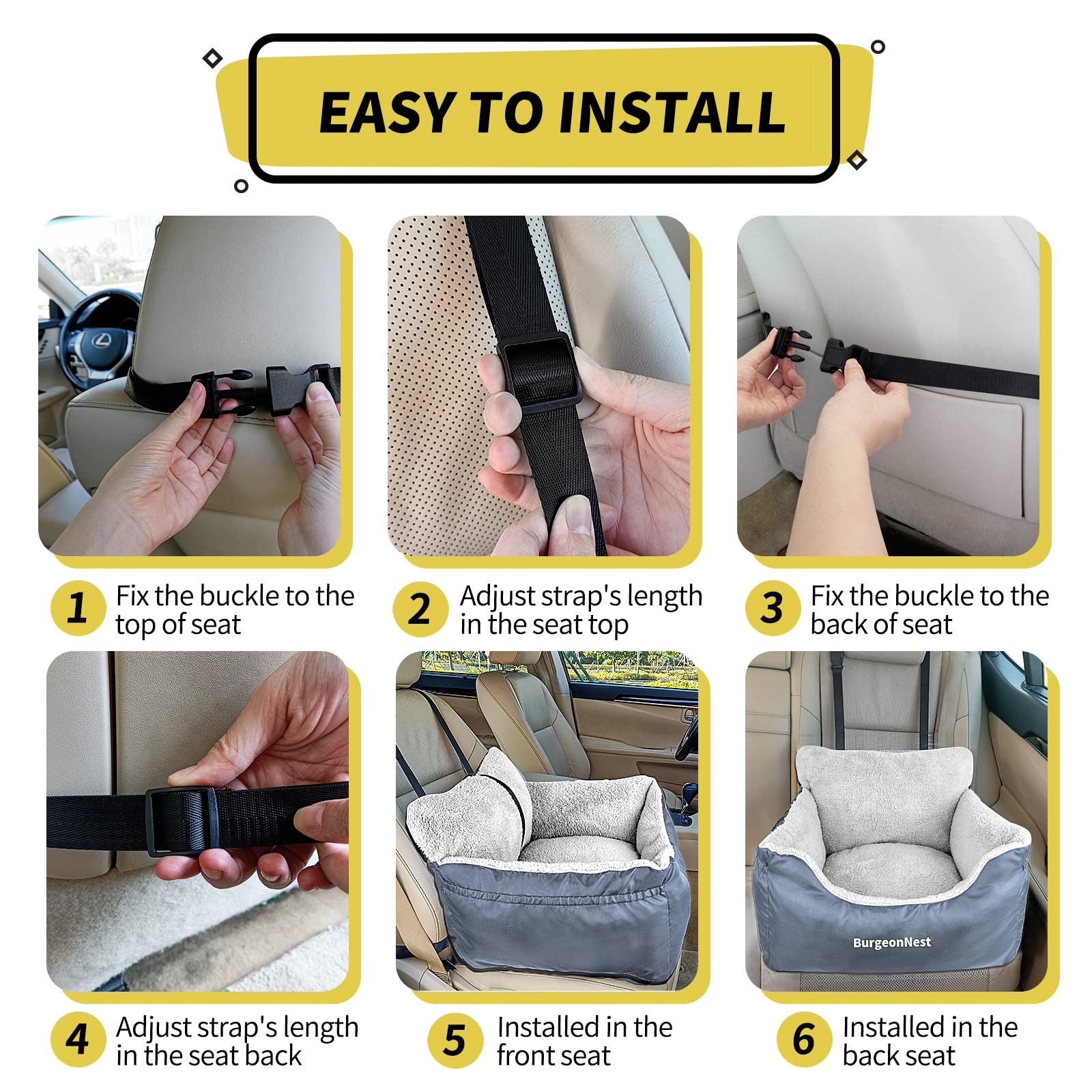 Burgeonnest Dog Car Seat For Small Dogs, Washable Soft Dog Booster Seats For Small Pets Under 25 Lbs, Portable Dog Carseat Travel Bed With Storage Pockets And Clip-On Leash