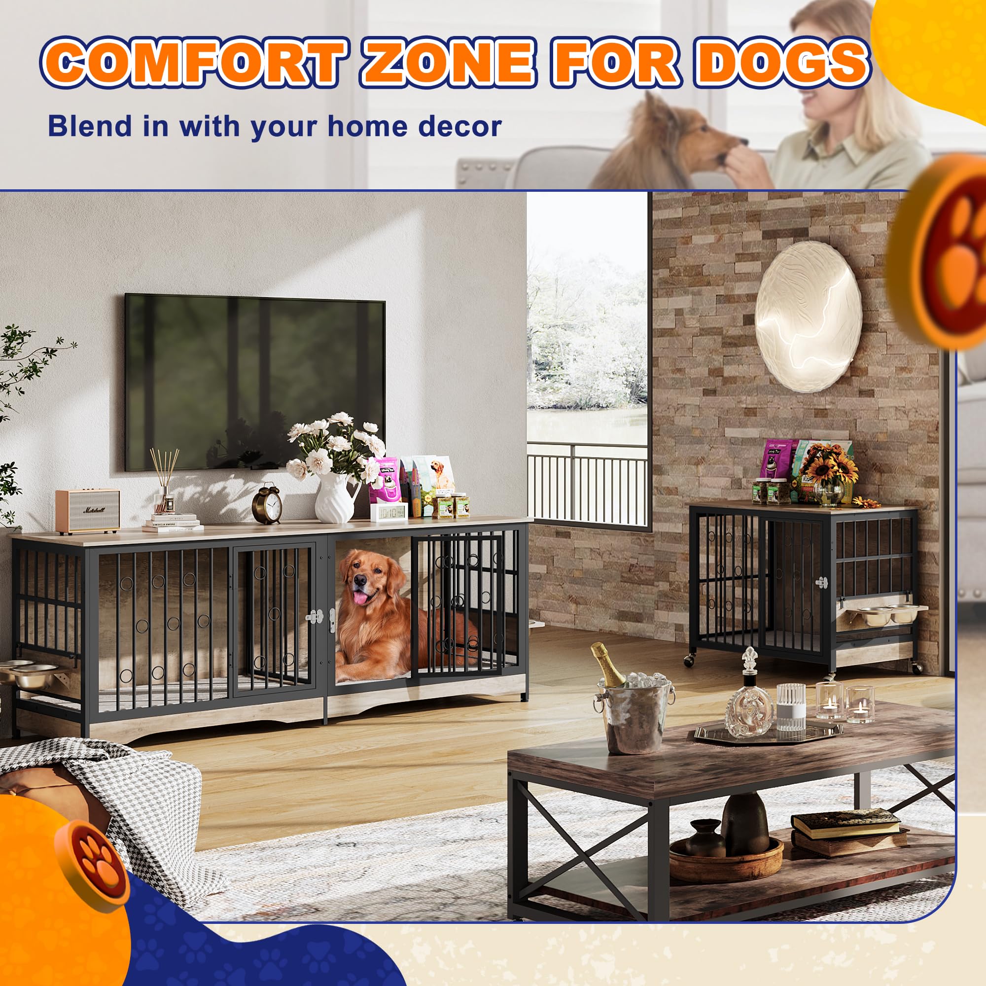 75   Dog Crate Furniture Large Storage TV Stand with Dual Cushion / 4 Bowls/Double Rooms, Wooden Dog Kennel Dog Crate End Tabl